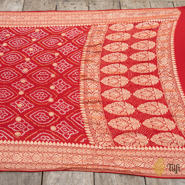 Red Pure Georgette Banarasi Bandhani Handloom Saree - Tilfi