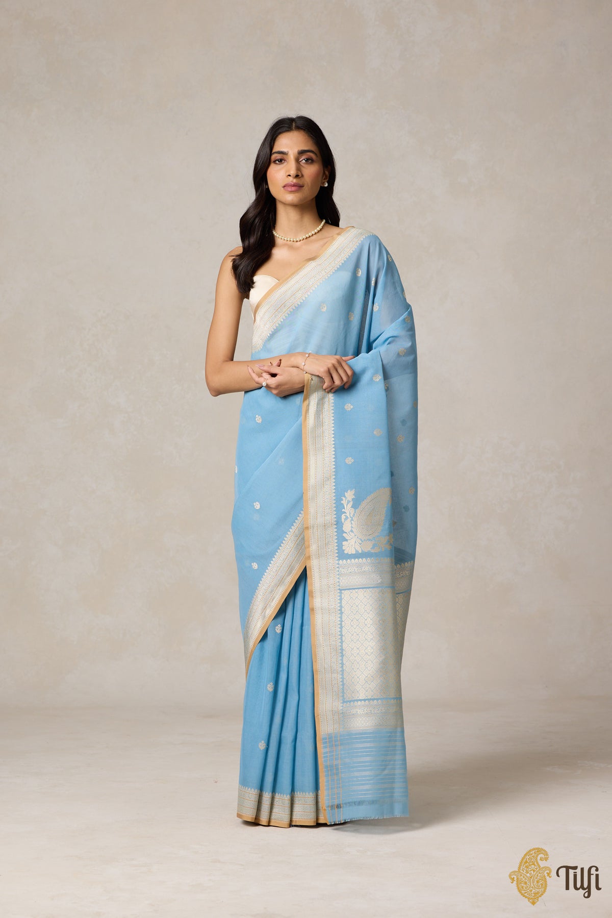 Firozi Blue Pure Cotton Banarasi Kadhua Handloom Saree
