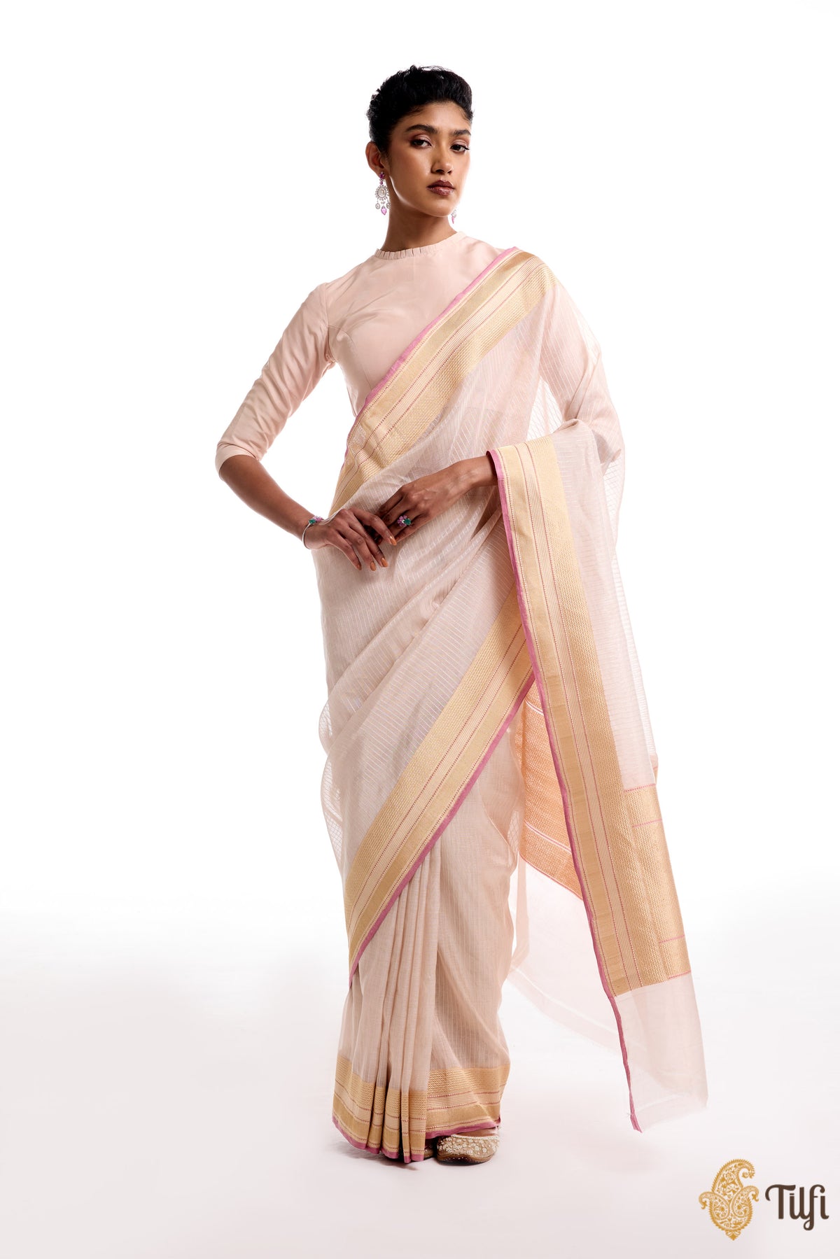 Light Rose Gold Pure Cotton Tissue Handloom Banarasi Saree