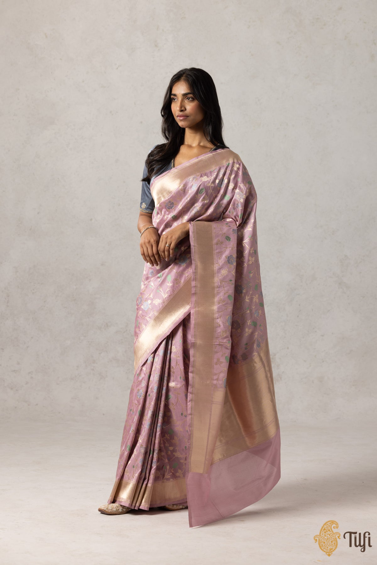&#39;Bhairavi&#39; Dusty Mauve Pure Katan Silk Banarasi Handloom Saree