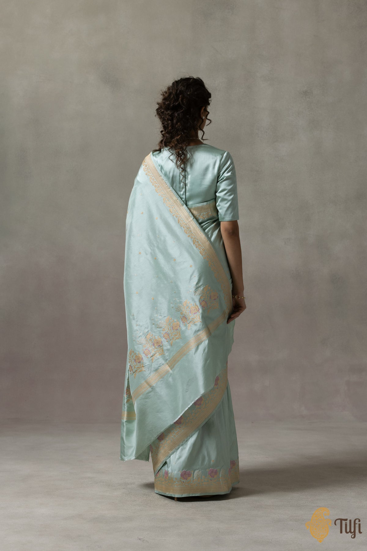 &#39;Sophie&#39; Light Blue Pure Katan Silk Banarasi Handloom Saree