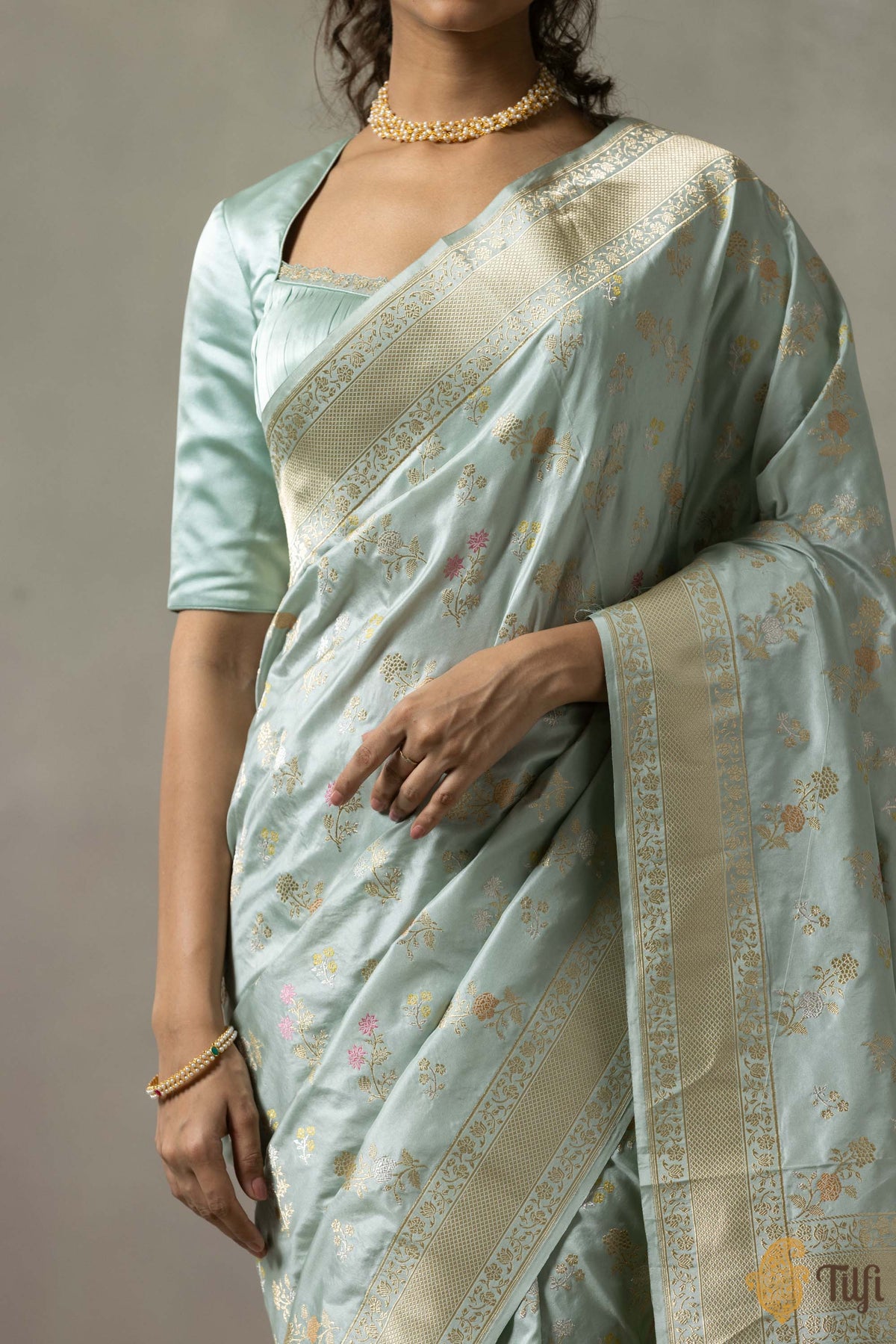 &#39;Marie&#39; Light Blue Pure Katan Silk Banarasi Handloom Saree