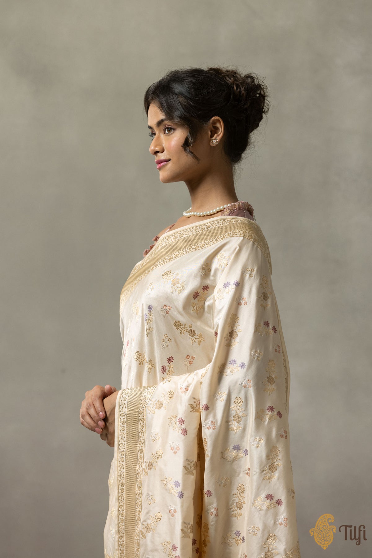 &#39;Marie&#39; Cream Pure Katan Silk Banarasi Handloom Saree