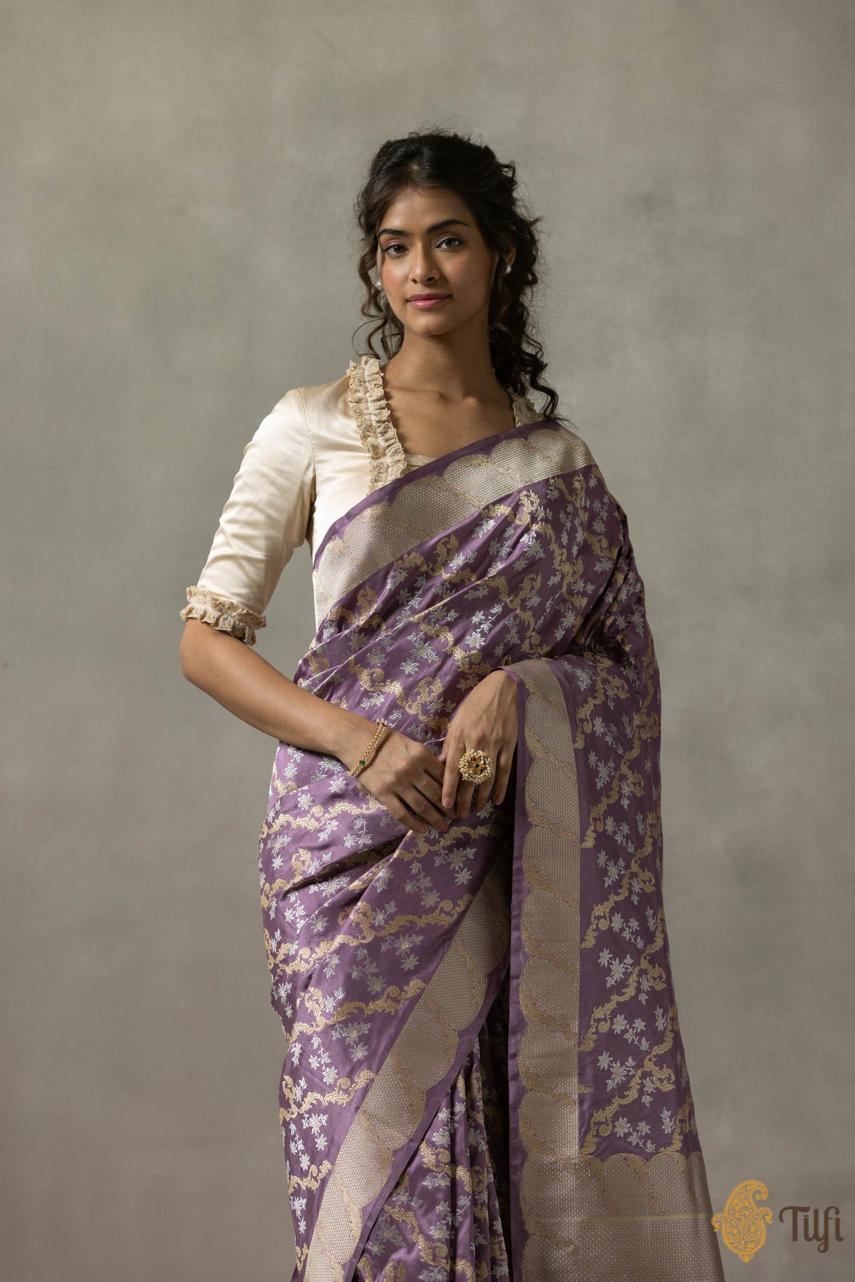 &#39;Louise&#39; Mauve Lilac Pure Katan Silk Banarasi Handloom Saree