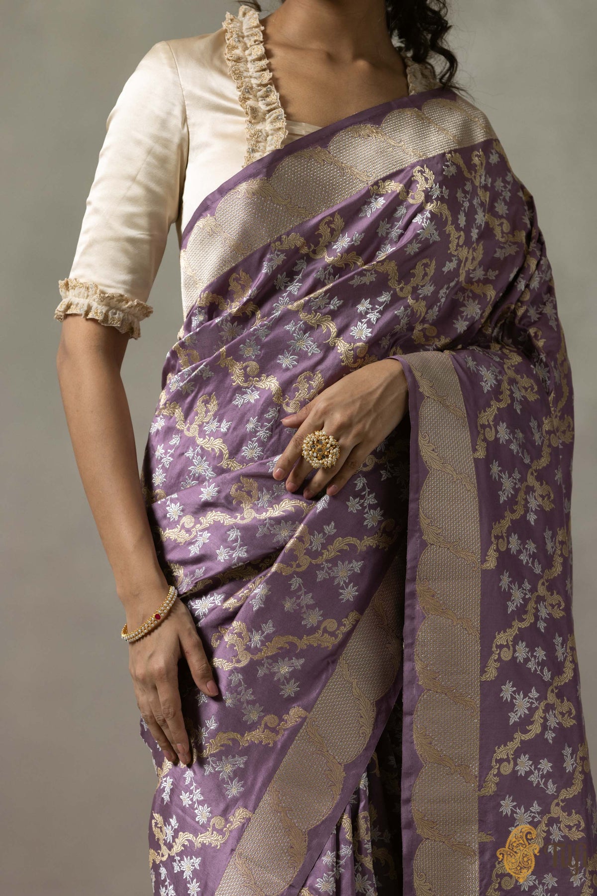 &#39;Louise&#39; Mauve Lilac Pure Katan Silk Banarasi Handloom Saree