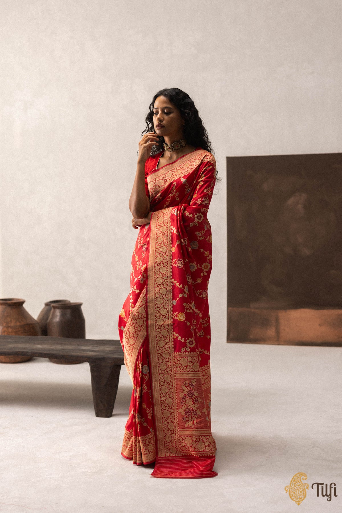 &#39;Keya&#39; Red Pure Katan Silk Banarasi Handloom Saree