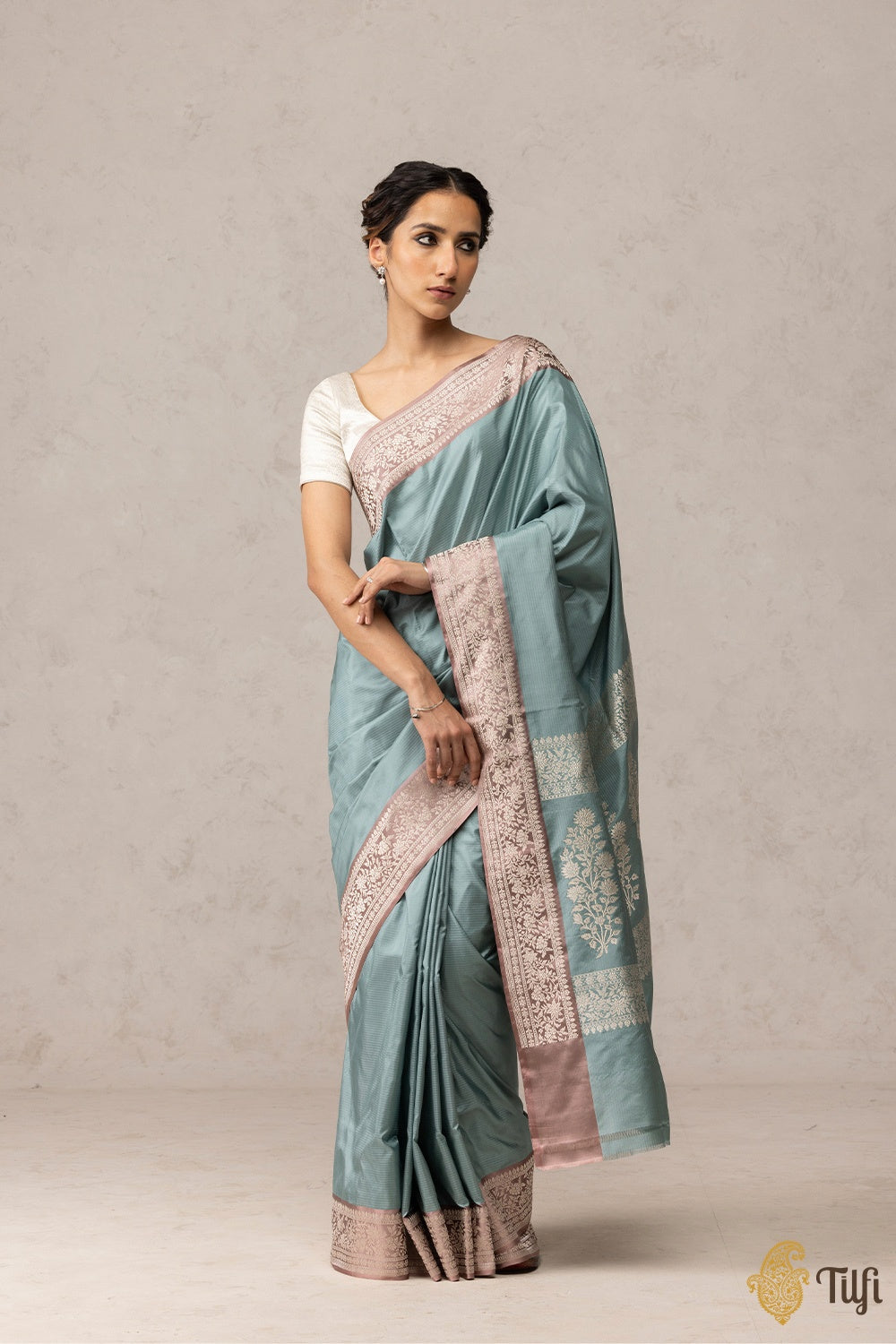 Dusty Blue-Pink Pure Katan Silk Banarasi Handloom Saree