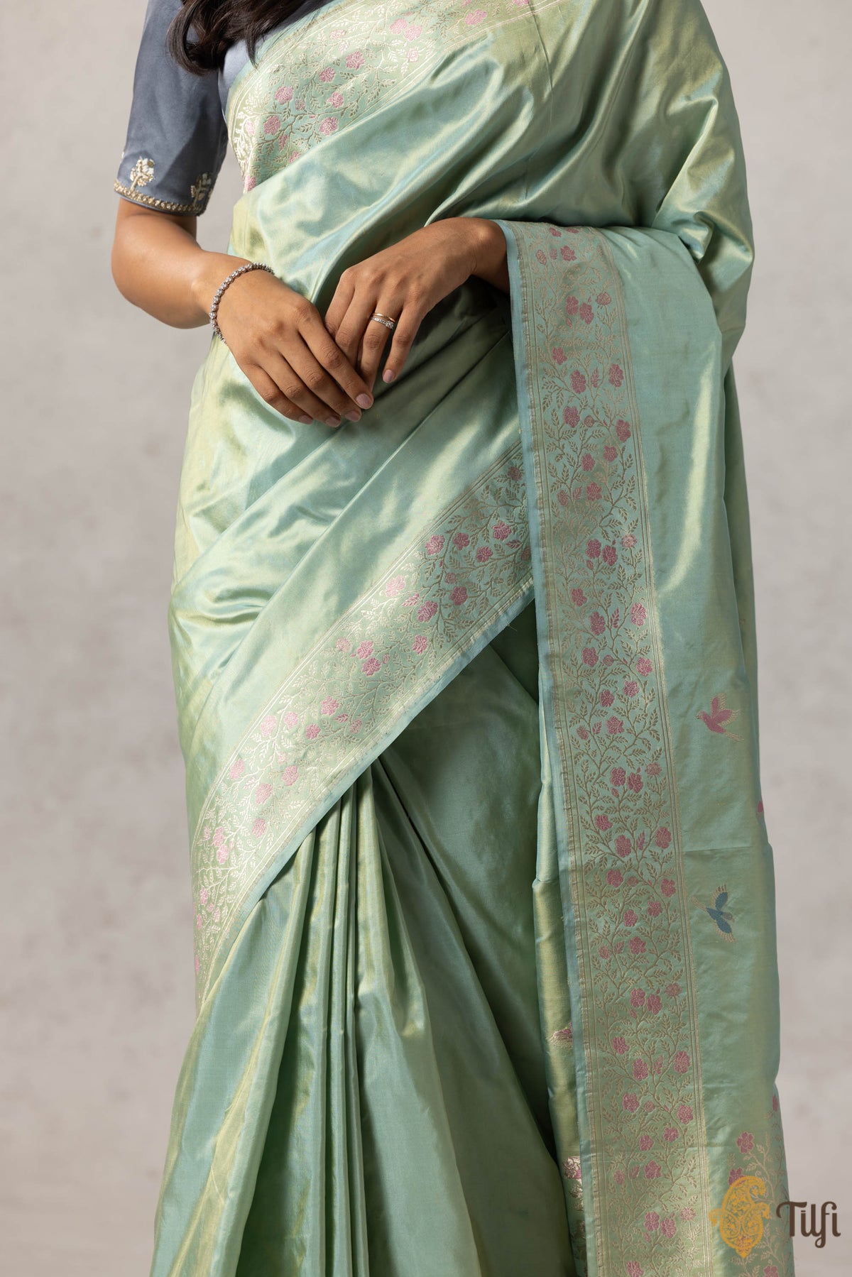 &#39;Sweet Osmanthus&#39; Blue-Green Pure Katan Silk Banarasi Saree