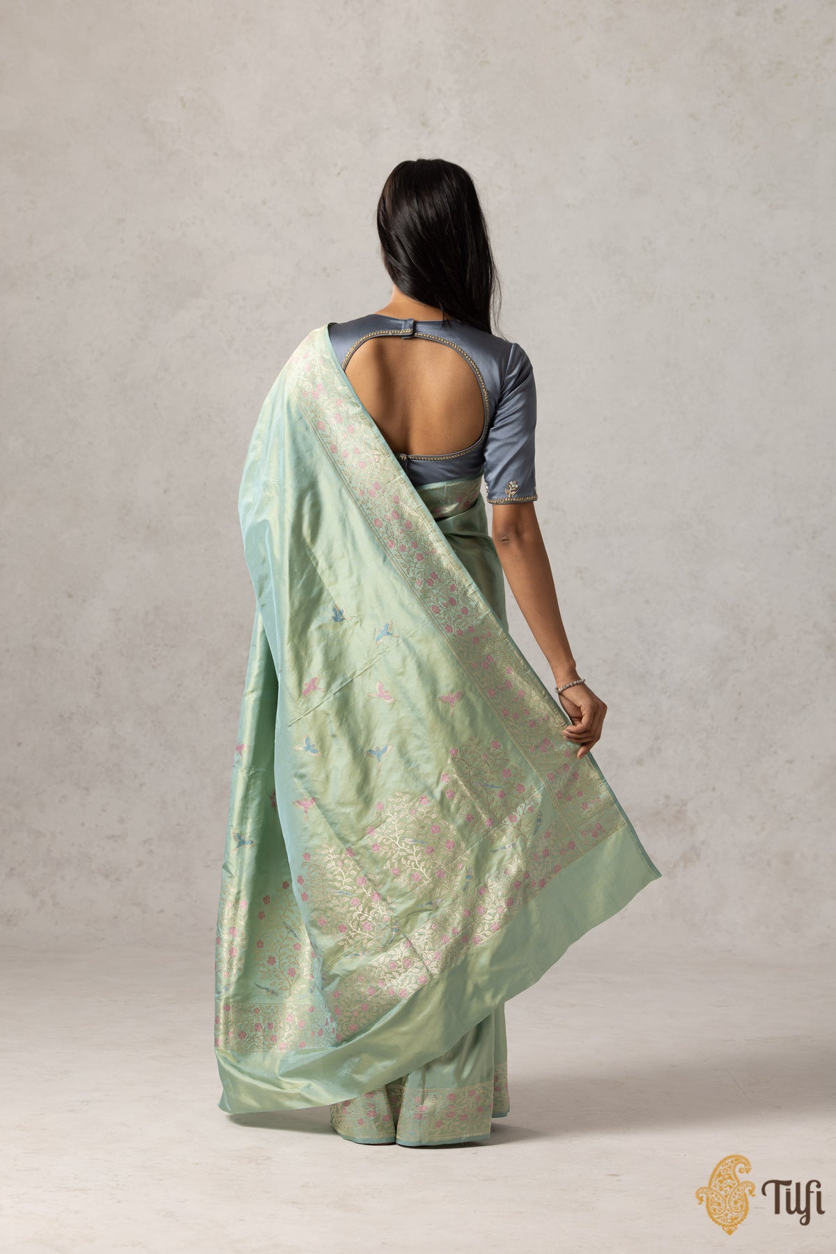 &#39;Sweet Osmanthus&#39; Blue-Green Pure Katan Silk Banarasi Saree