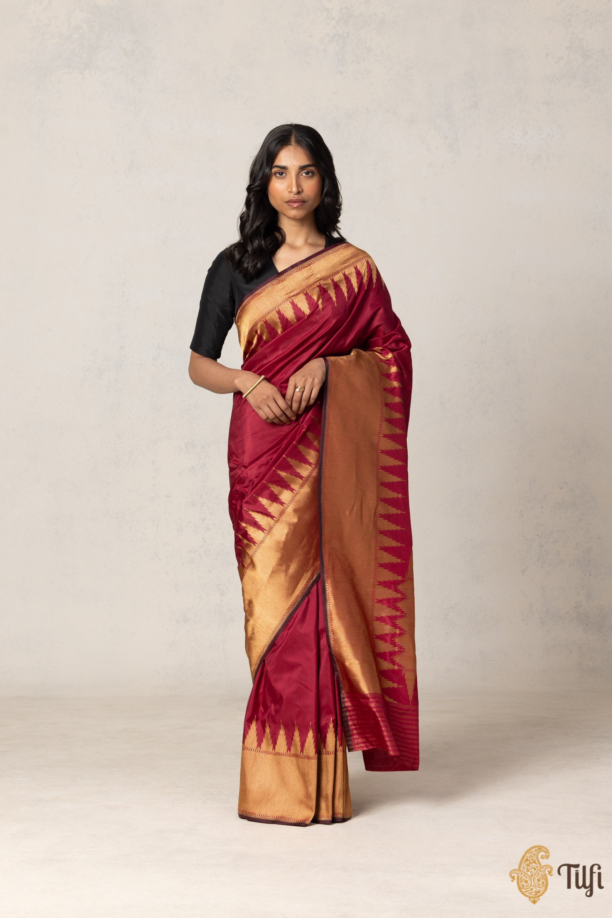 KSS357 HANDLOOM SILK TISSUE SAREE IN MAROON DUAL TONE WITH GOLD ZARI BORDER main image 1