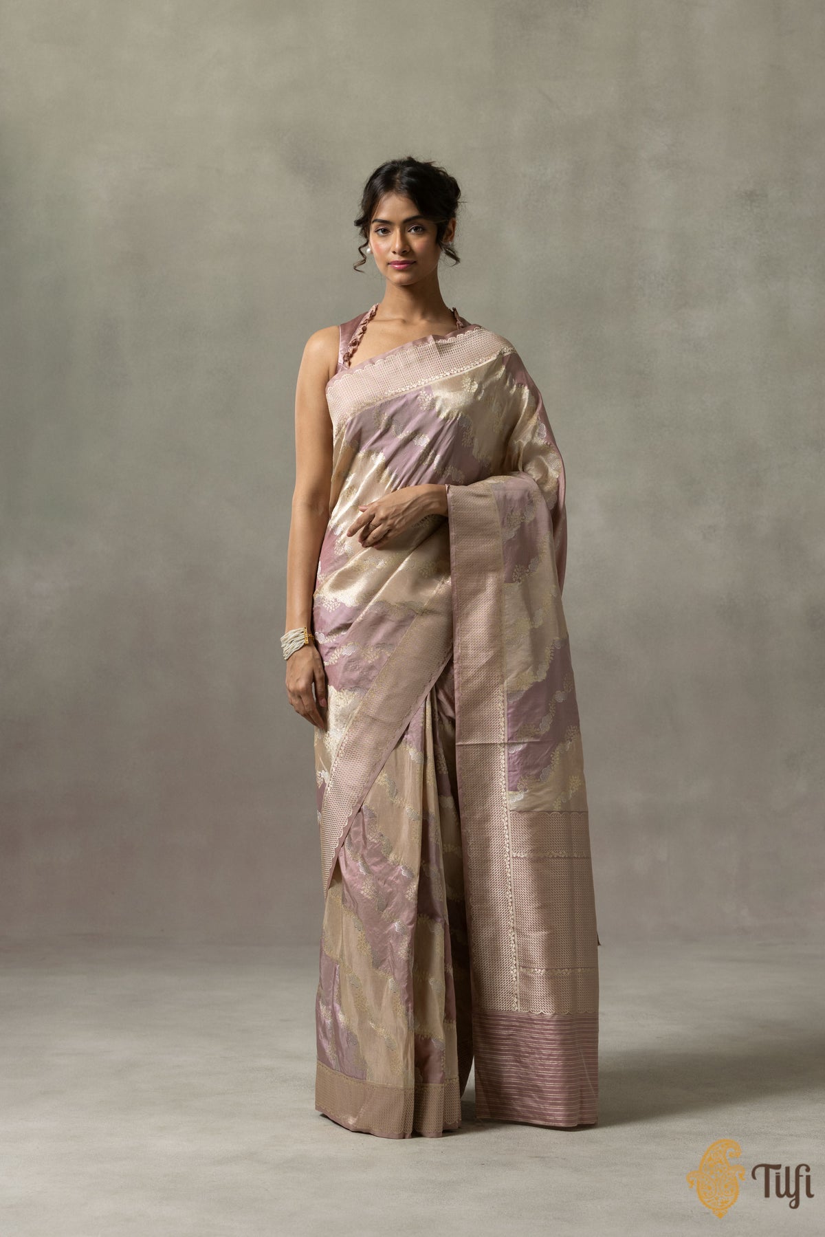 &#39;Gabrielle&#39; Nude Pink-Gold Rangkat Pure Katan and Tissue Silk Banarasi Handloom Saree