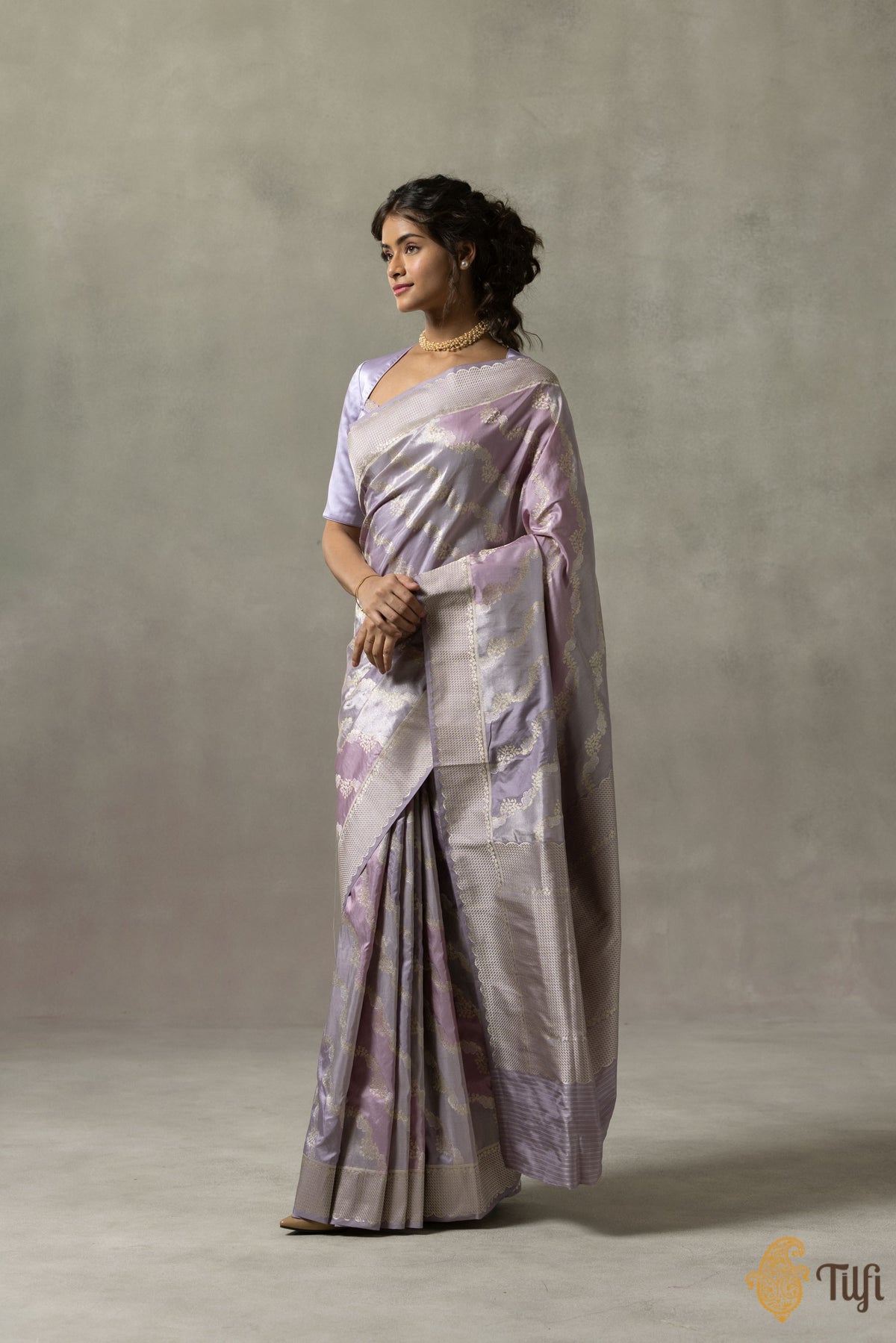 &#39;Gabrielle&#39; Lilac Rangkat Pure Katan and Tissue Silk Banarasi Handloom Saree