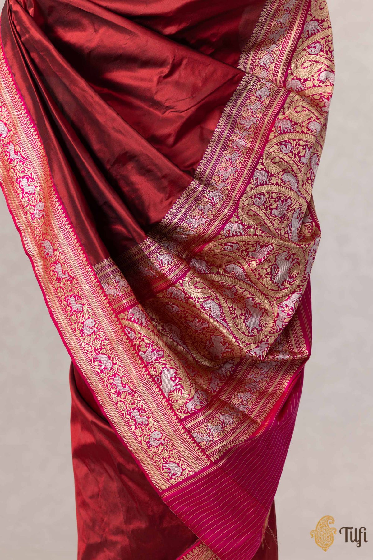 Maroon Red-Rani Pure Katan Silk Banarasi Handloom Saree