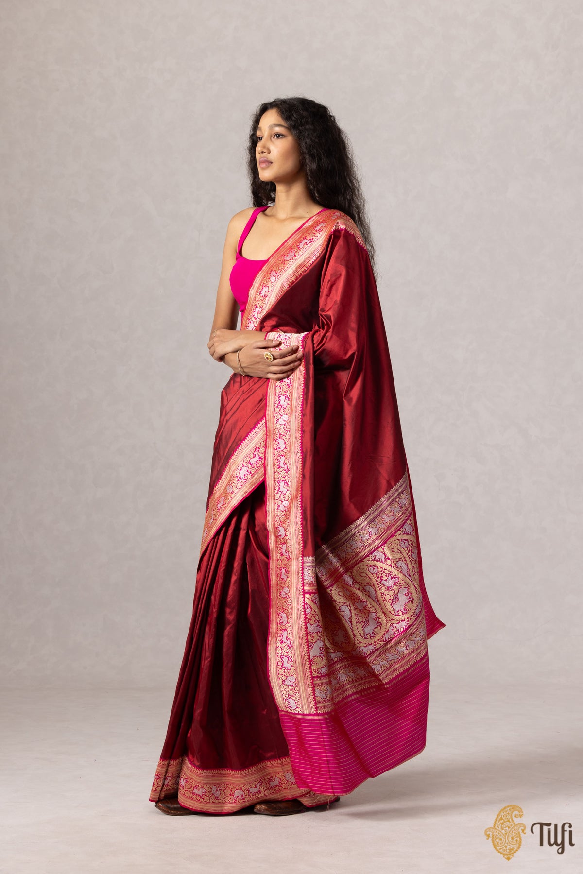 Maroon Red-Rani Pure Katan Silk Banarasi Handloom Saree