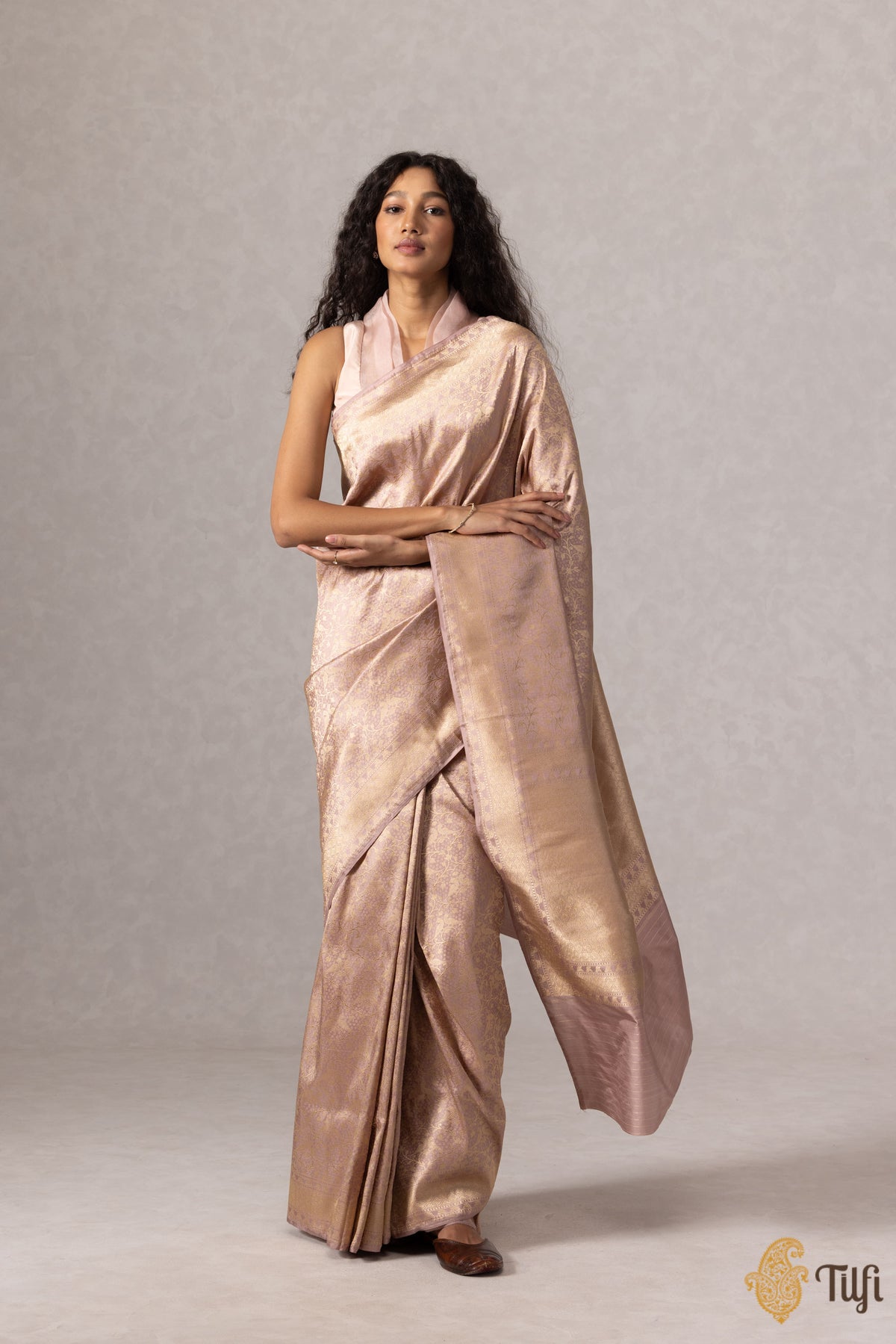 &#39;Sarika&#39; Pastel Mauve Pink Pure Katan Silk Banarasi Handloom Saree