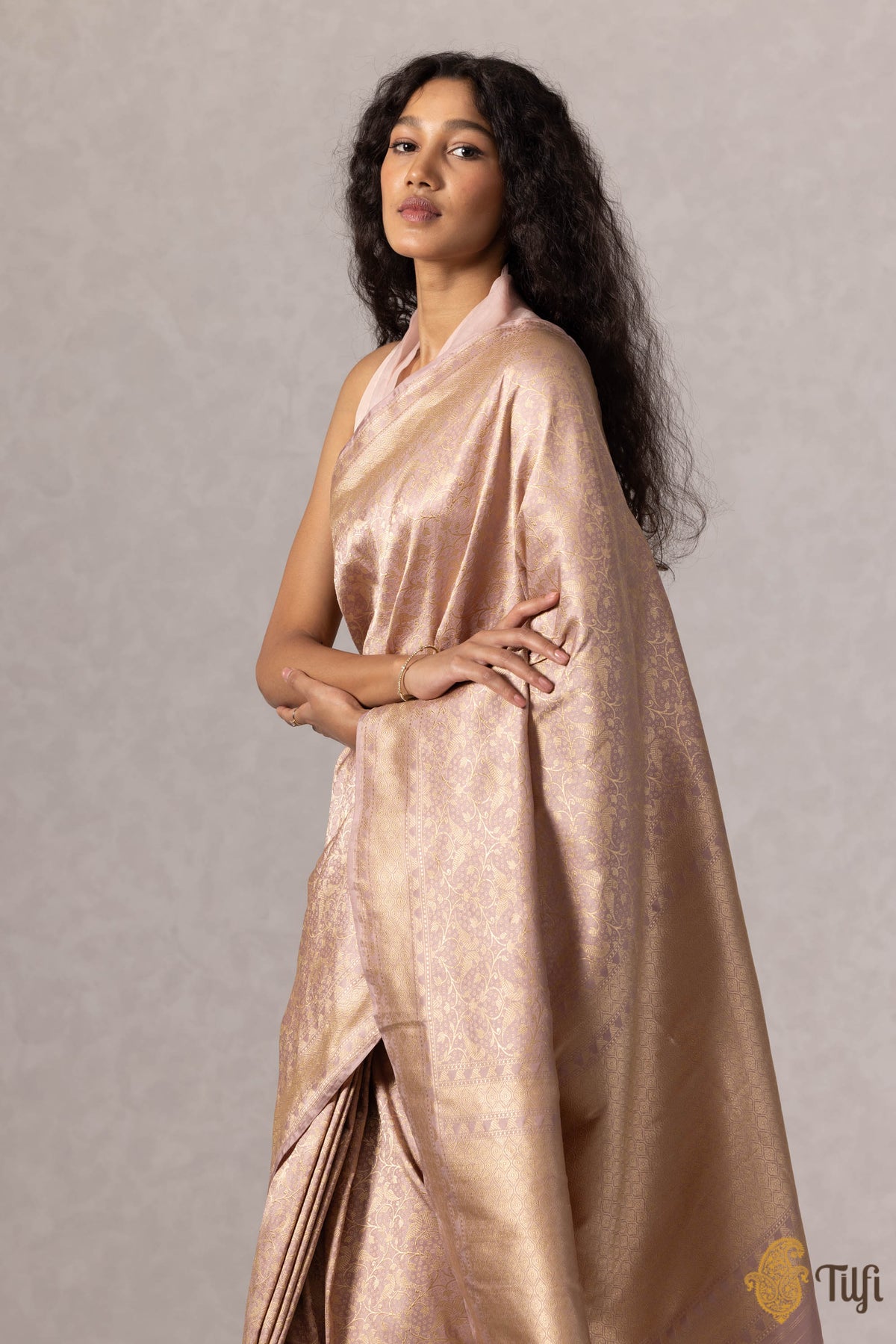 &#39;Sarika&#39; Pastel Mauve Pink Pure Katan Silk Banarasi Handloom Saree