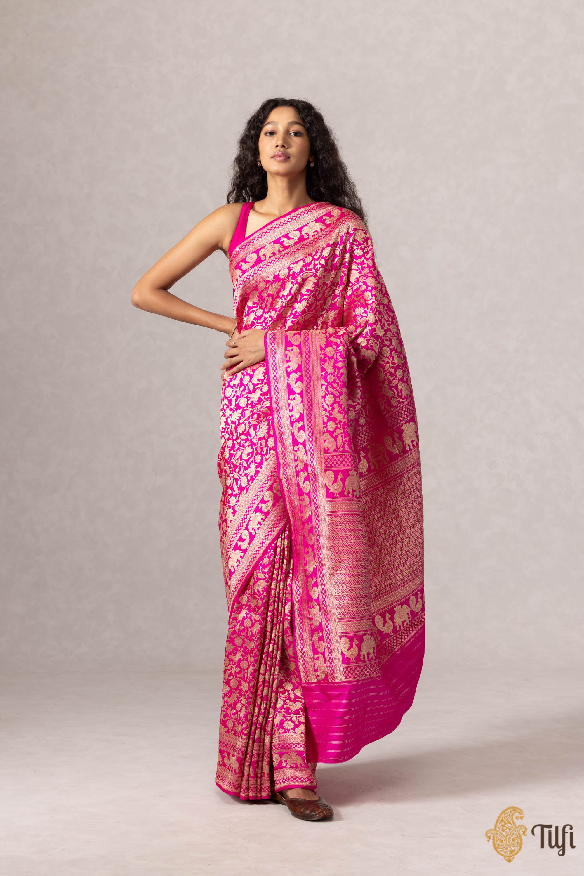 Rani Pink Pure Katan Silk Banarasi Shikargah Handloom Saree - Tilfi