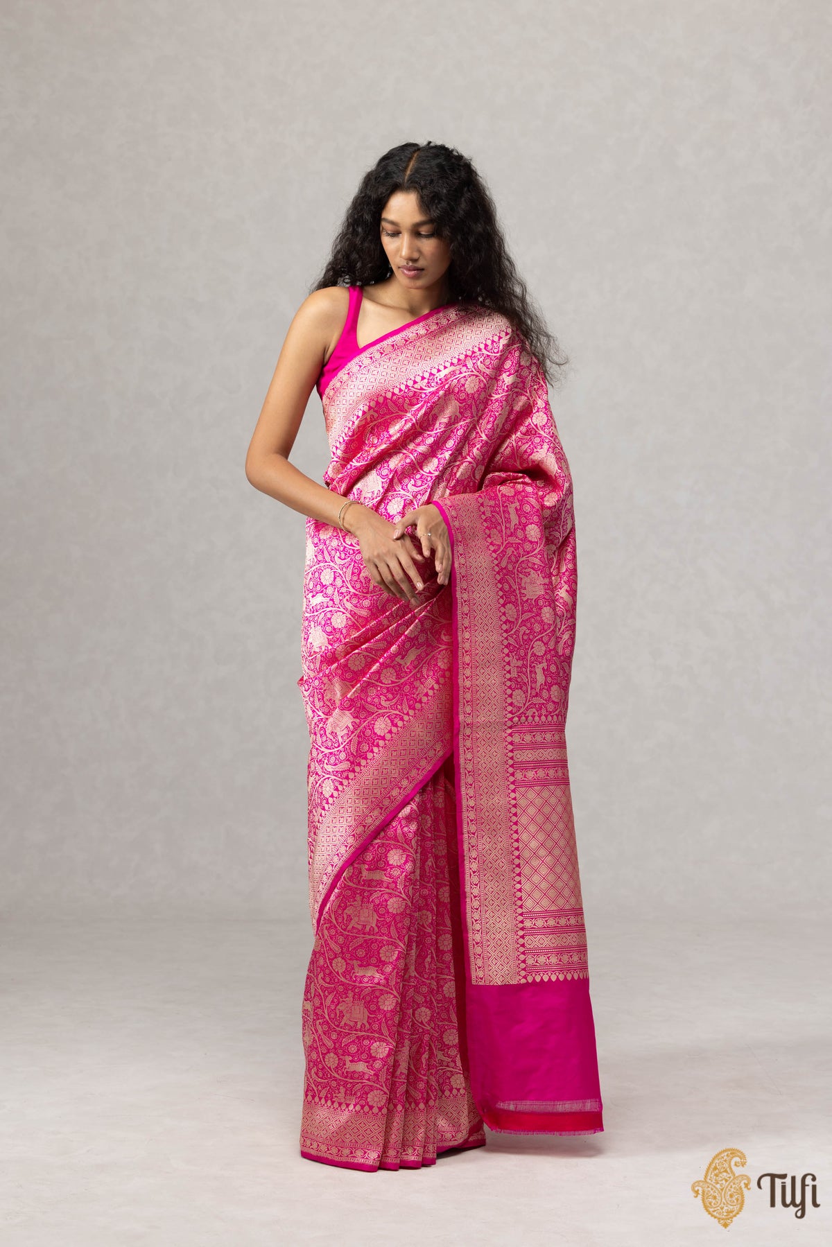 Rani Pink Pure Katan Silk Banarasi Shikargah Handloom Saree