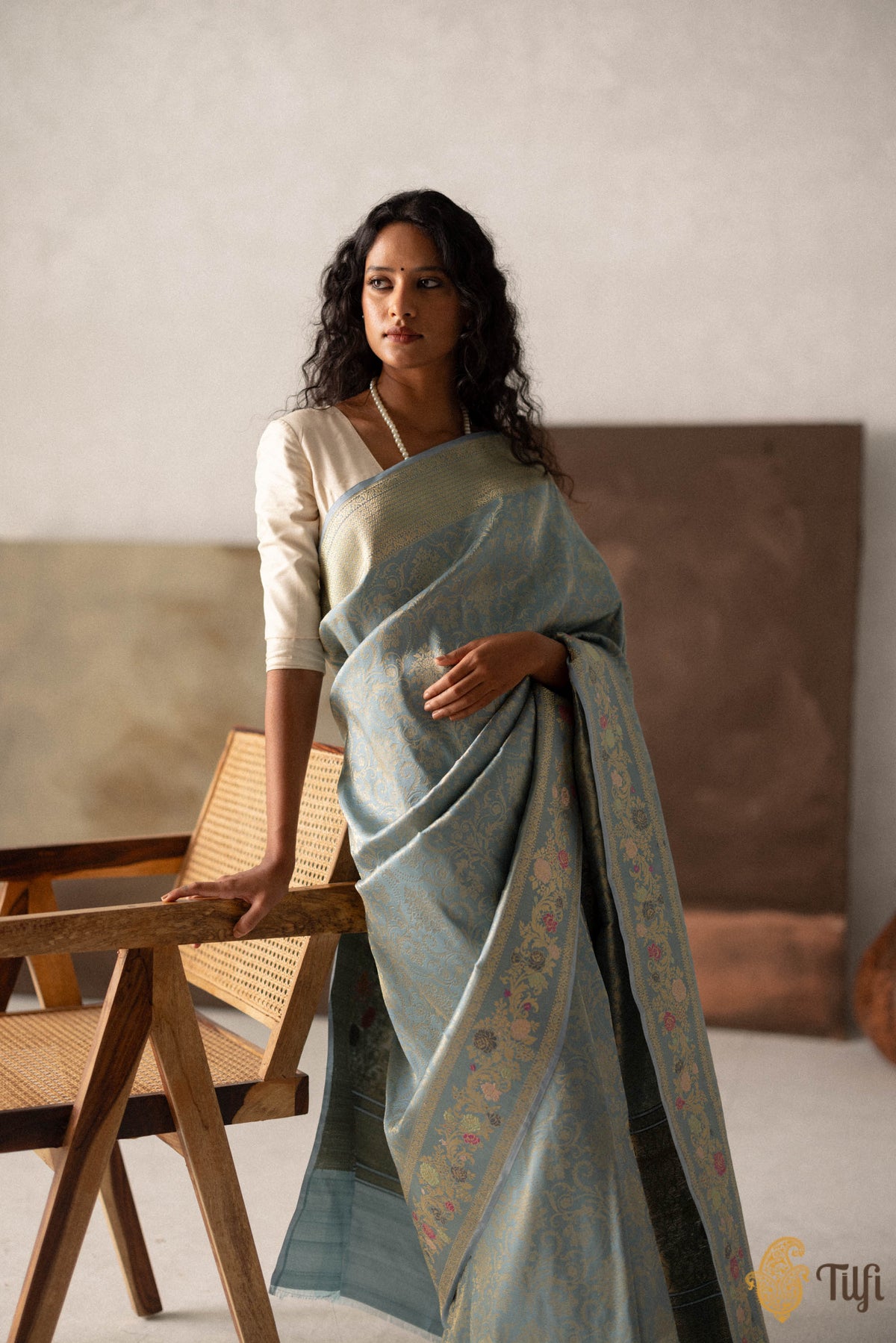 &#39;Tara&#39; Blue Pure Katan Silk Banarasi Handloom Saree