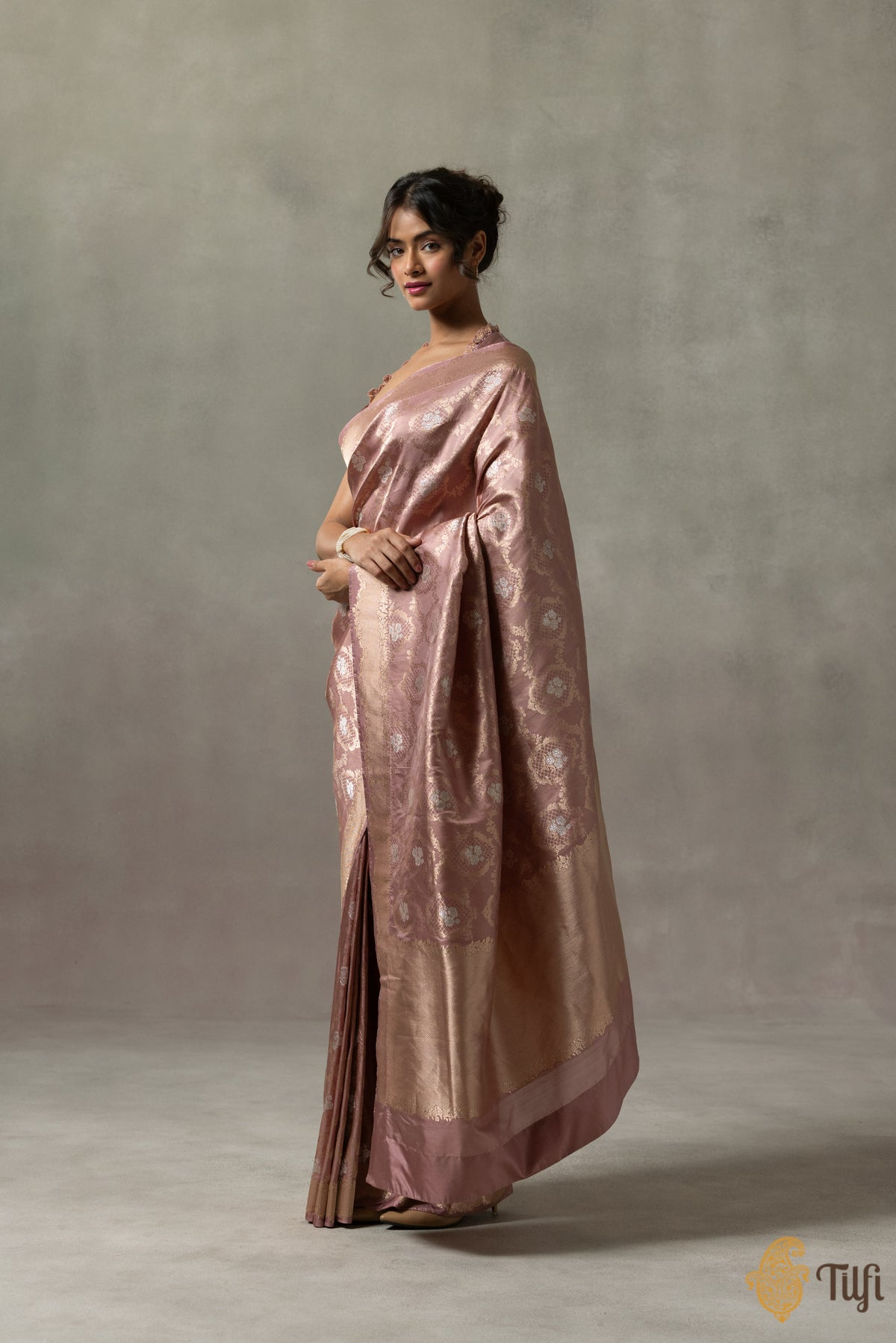 &#39;Jeanne&#39; Old Rose Pink Pure Katan Silk Banarasi Handloom Saree