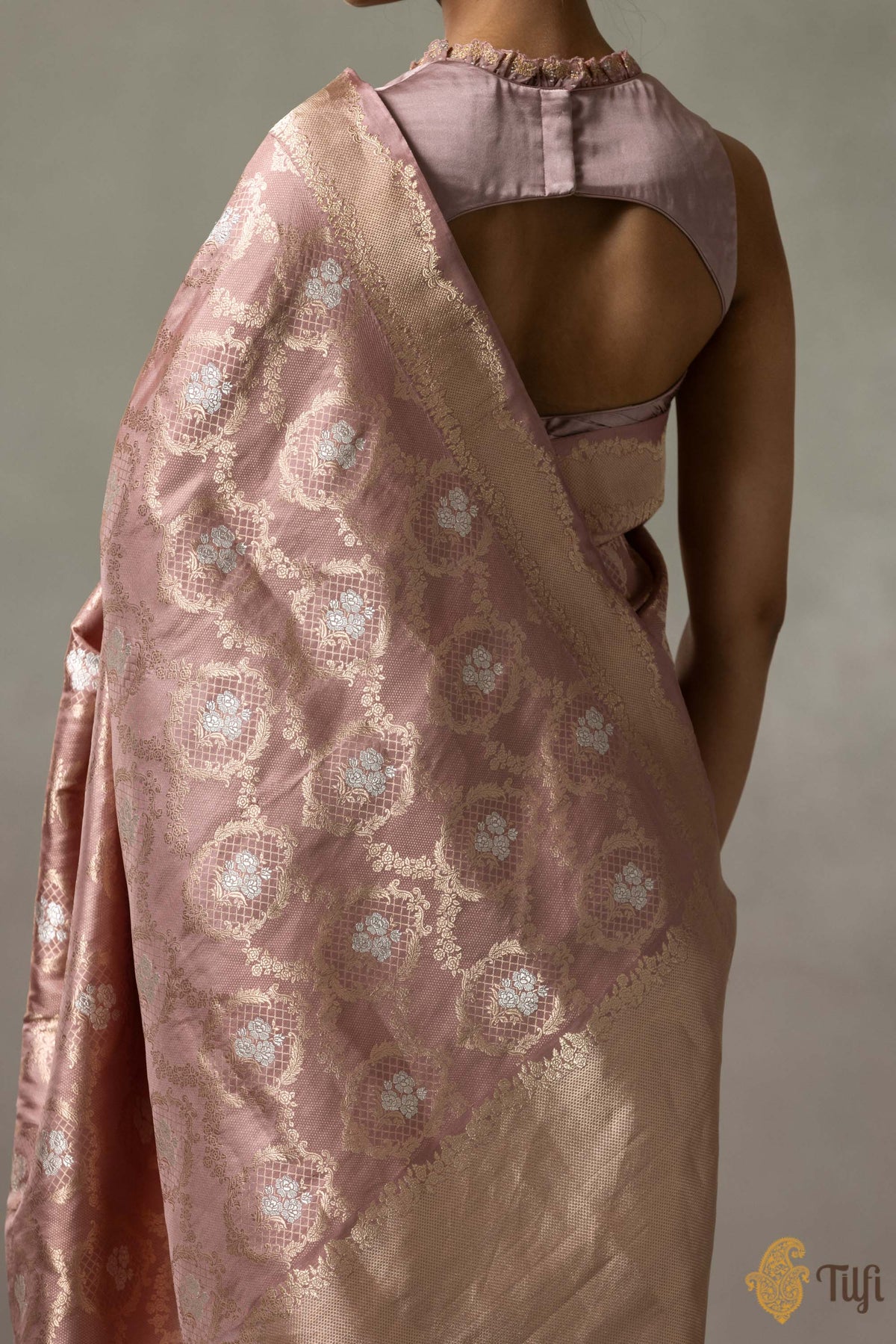 &#39;Jeanne&#39; Old Rose Pink Pure Katan Silk Banarasi Handloom Saree