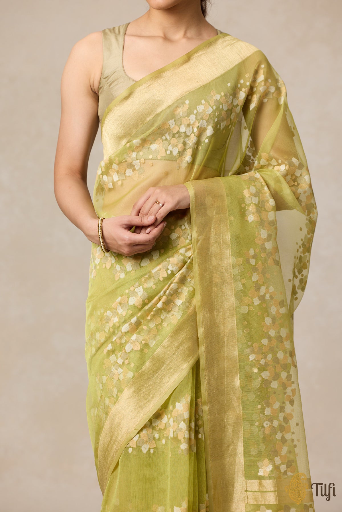 &#39;A Flourish of Primroses&#39; Green Pure Kora Silk Net Banarasi Handloom Saree