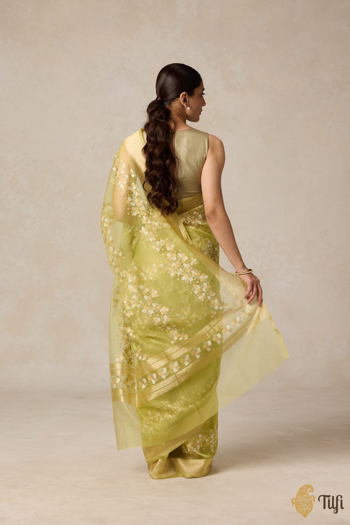 &#39;A Flourish of Primroses&#39; Green Pure Kora Silk Net Banarasi Handloom Saree