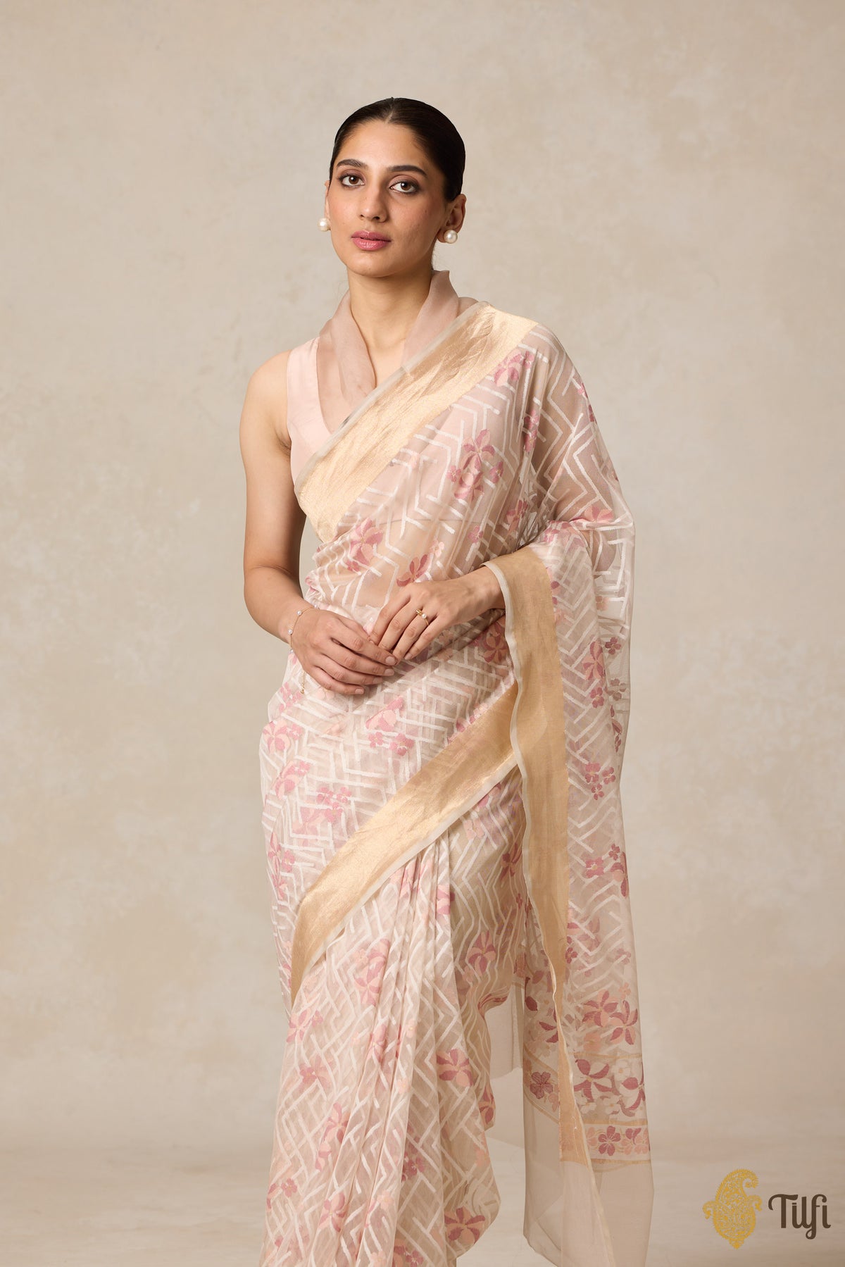 Pre-Order: &#39;A Cascade of Geraniums&#39; Off-White Pure Kora Silk Net Banarasi Handloom Saree