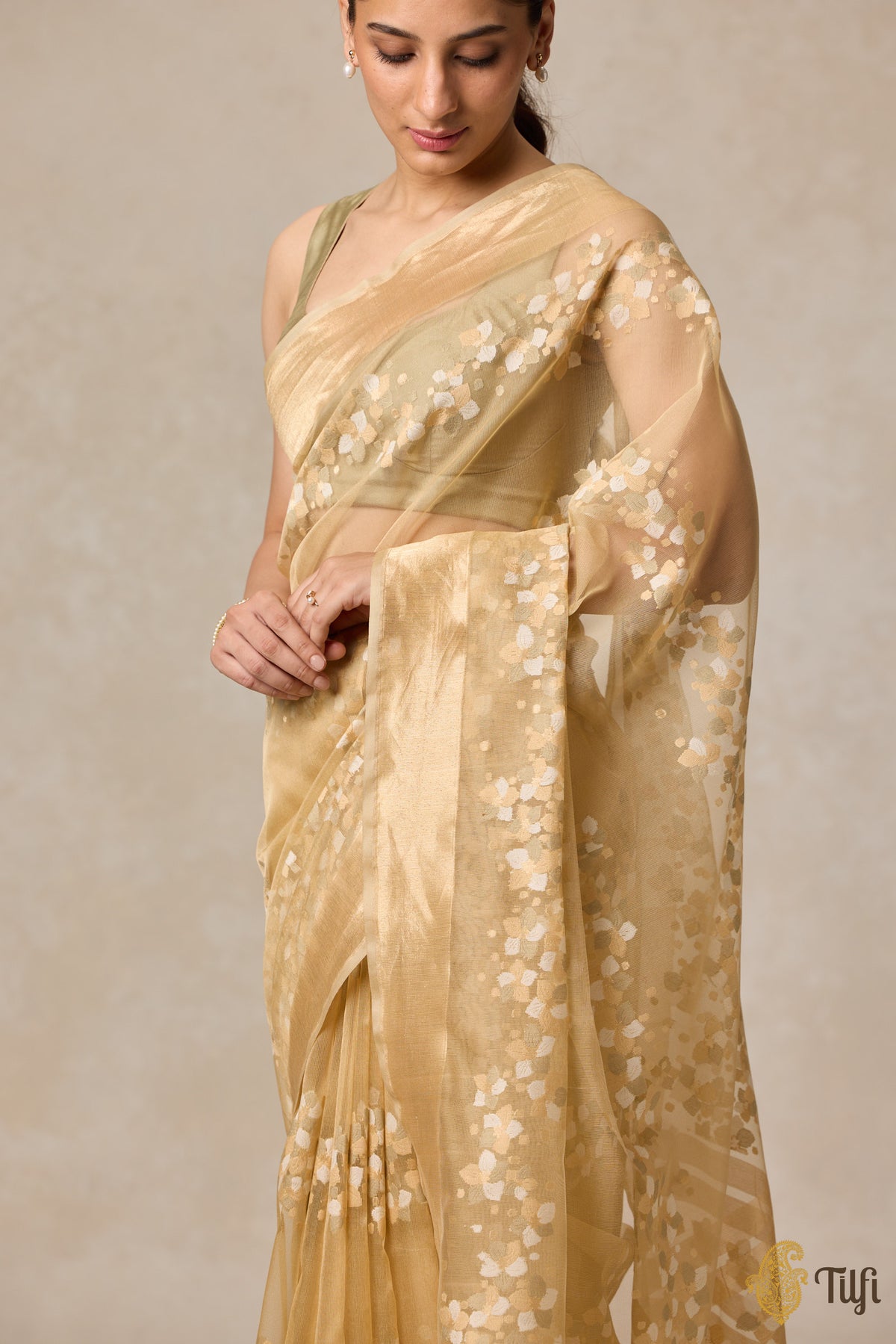 &#39;A Flourish of Primroses&#39; Beige Pure Kora Silk Net Banarasi Handloom Saree