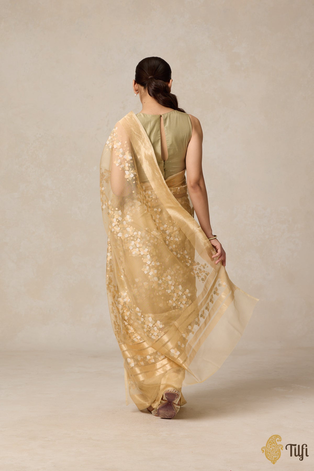 &#39;A Flourish of Primroses&#39; Beige Pure Kora Silk Net Banarasi Handloom Saree