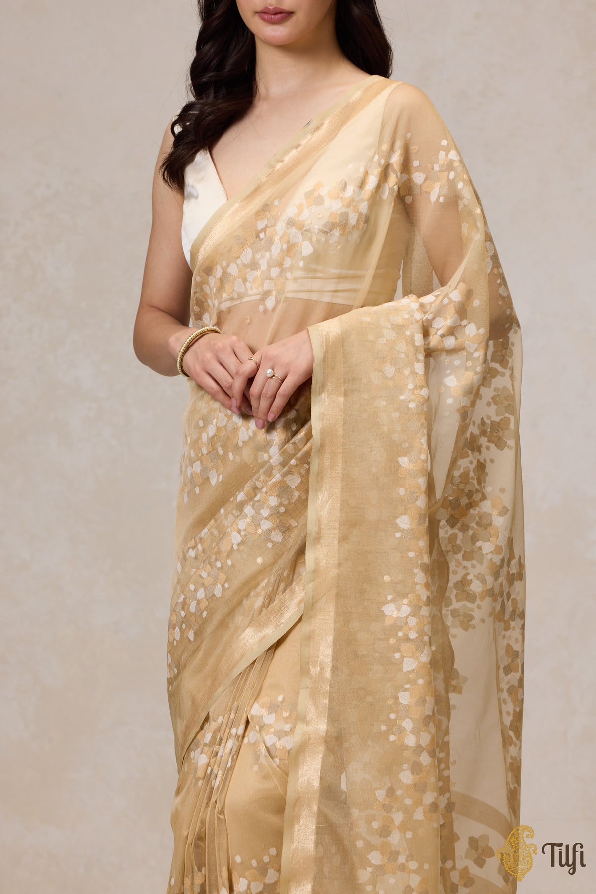 Pre-Order: &#39;A Flourish of Primroses&#39; Beige Pure Kora Silk Net Banarasi Handloom Saree