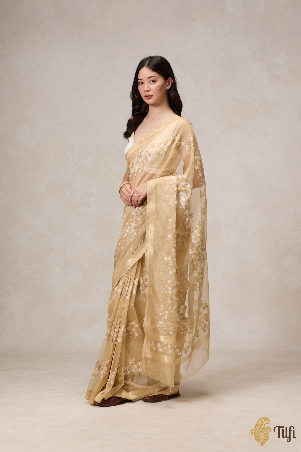 Pre-Order: &#39;A Flourish of Primroses&#39; Beige Pure Kora Silk Net Banarasi Handloom Saree