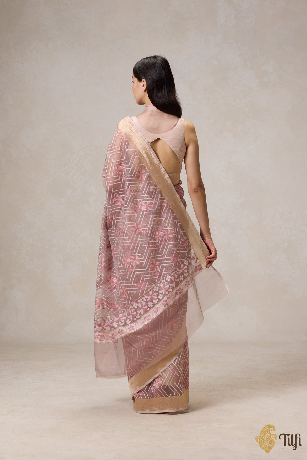 &#39;A Cascade of Geraniums&#39; Pastel Pink Pure Kora Silk Net Banarasi Handloom Saree