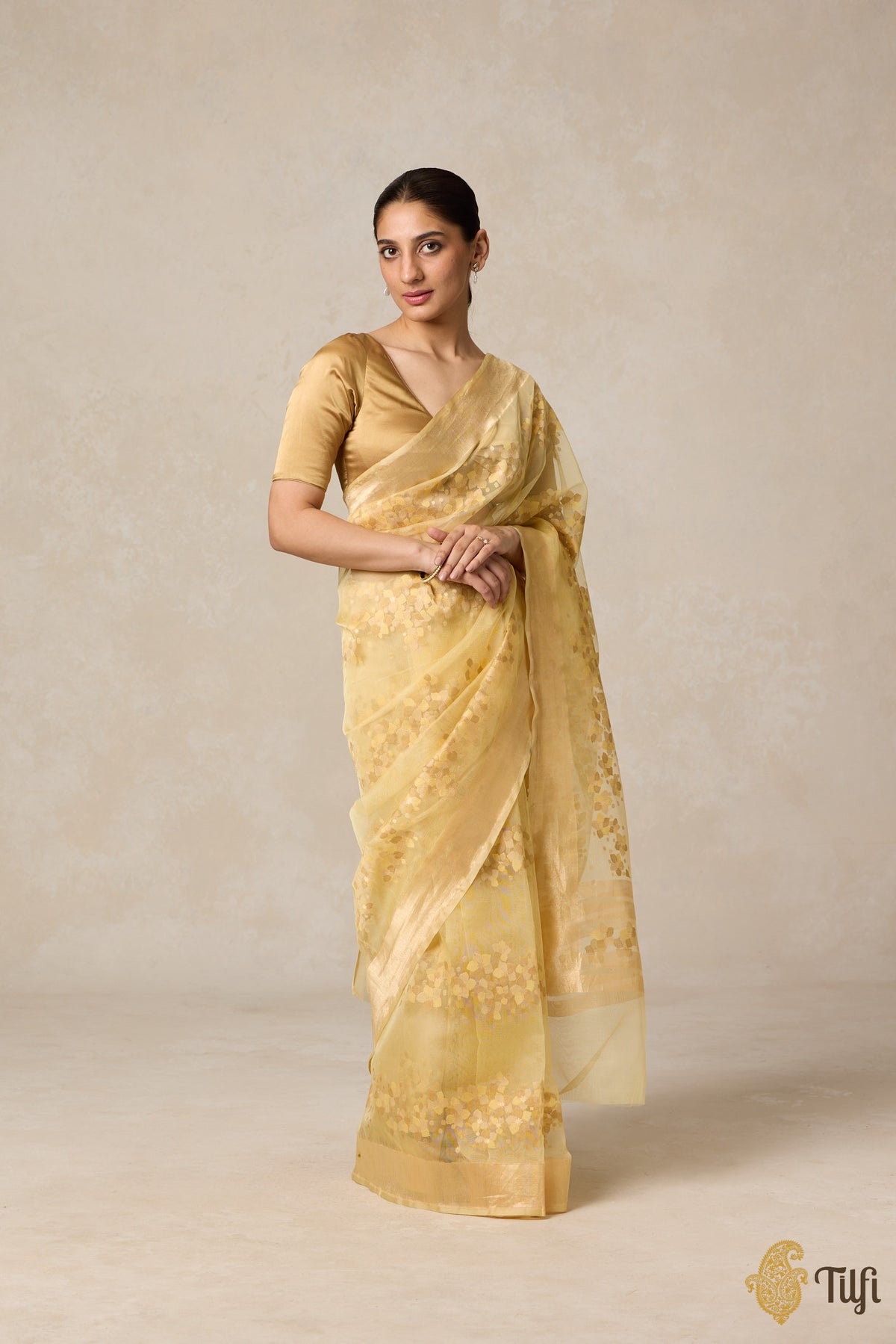 &#39;A Flourish of Primroses&#39; Ivory-Yellow Pure Kora Silk Net Banarasi Handloom Saree
