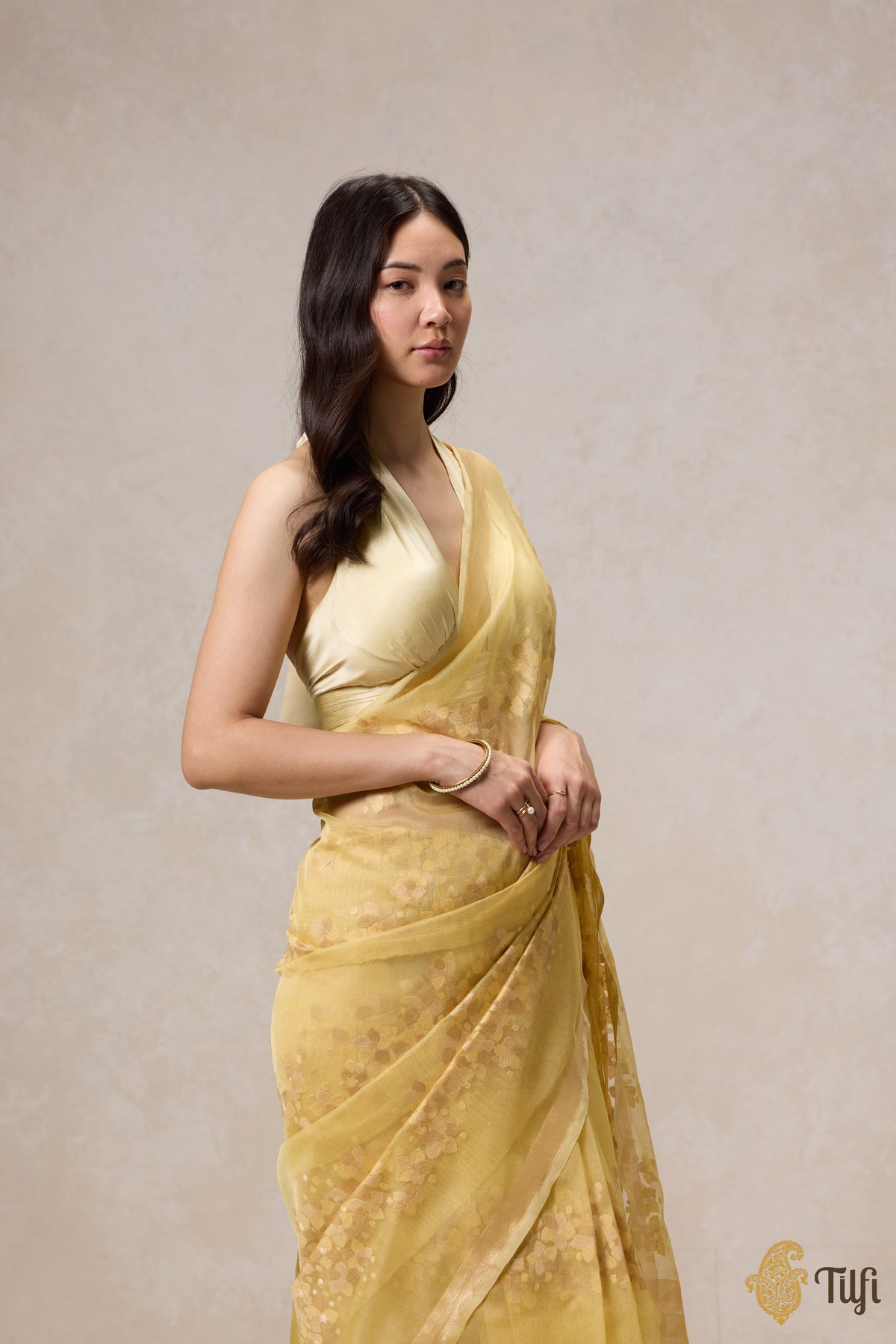Pre-Order: &#39;A Flourish of Primroses&#39; Ivory-Yellow Pure Kora Silk Net Banarasi Handloom Saree