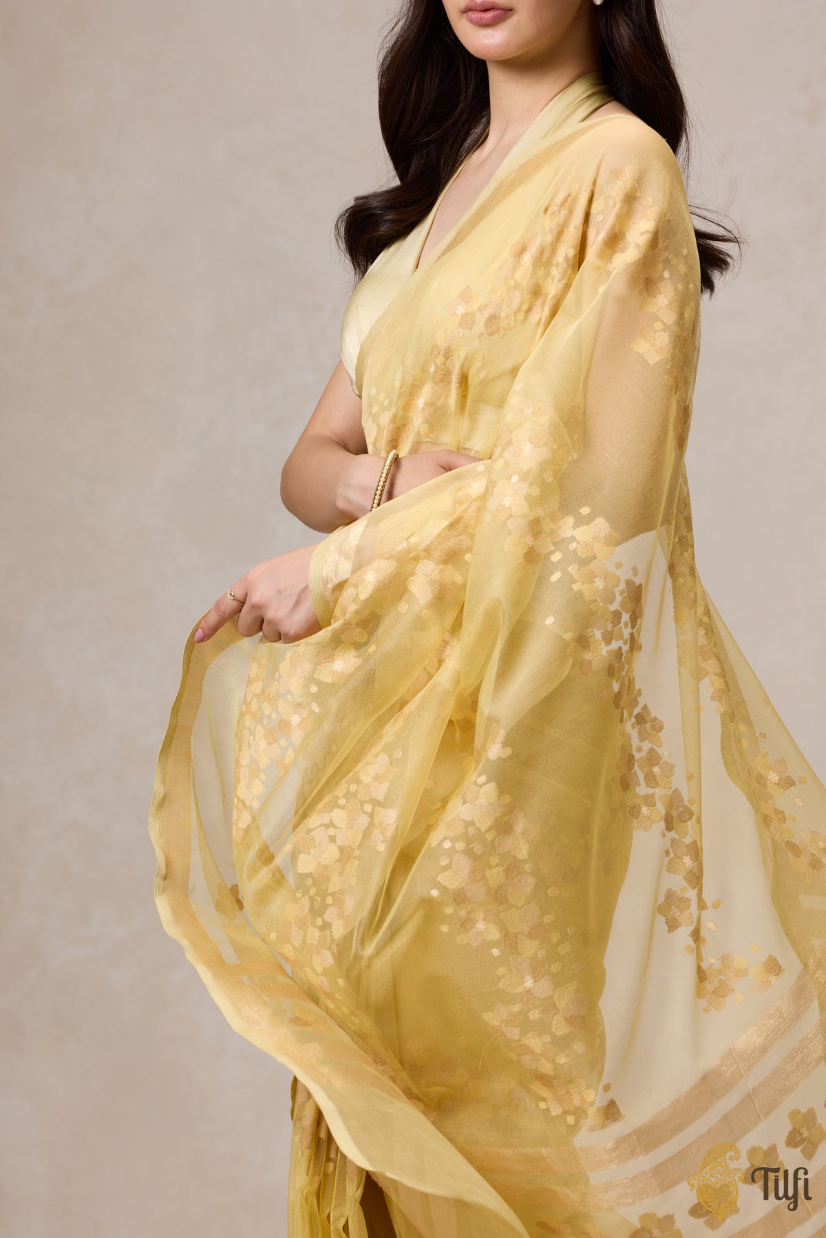 Pre-Order: &#39;A Flourish of Primroses&#39; Ivory-Yellow Pure Kora Silk Net Banarasi Handloom Saree