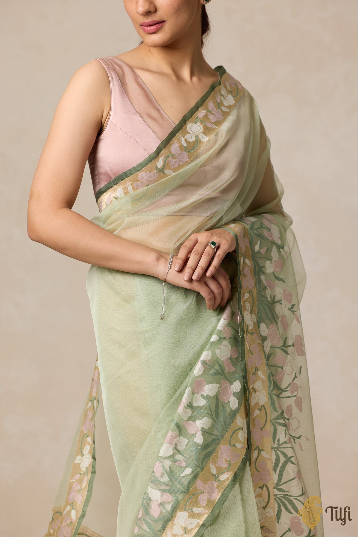 Pre-Order: &#39;A Sweep of Irises&#39; Sage Green Pure Kora Silk Net Banarasi Handloom Saree