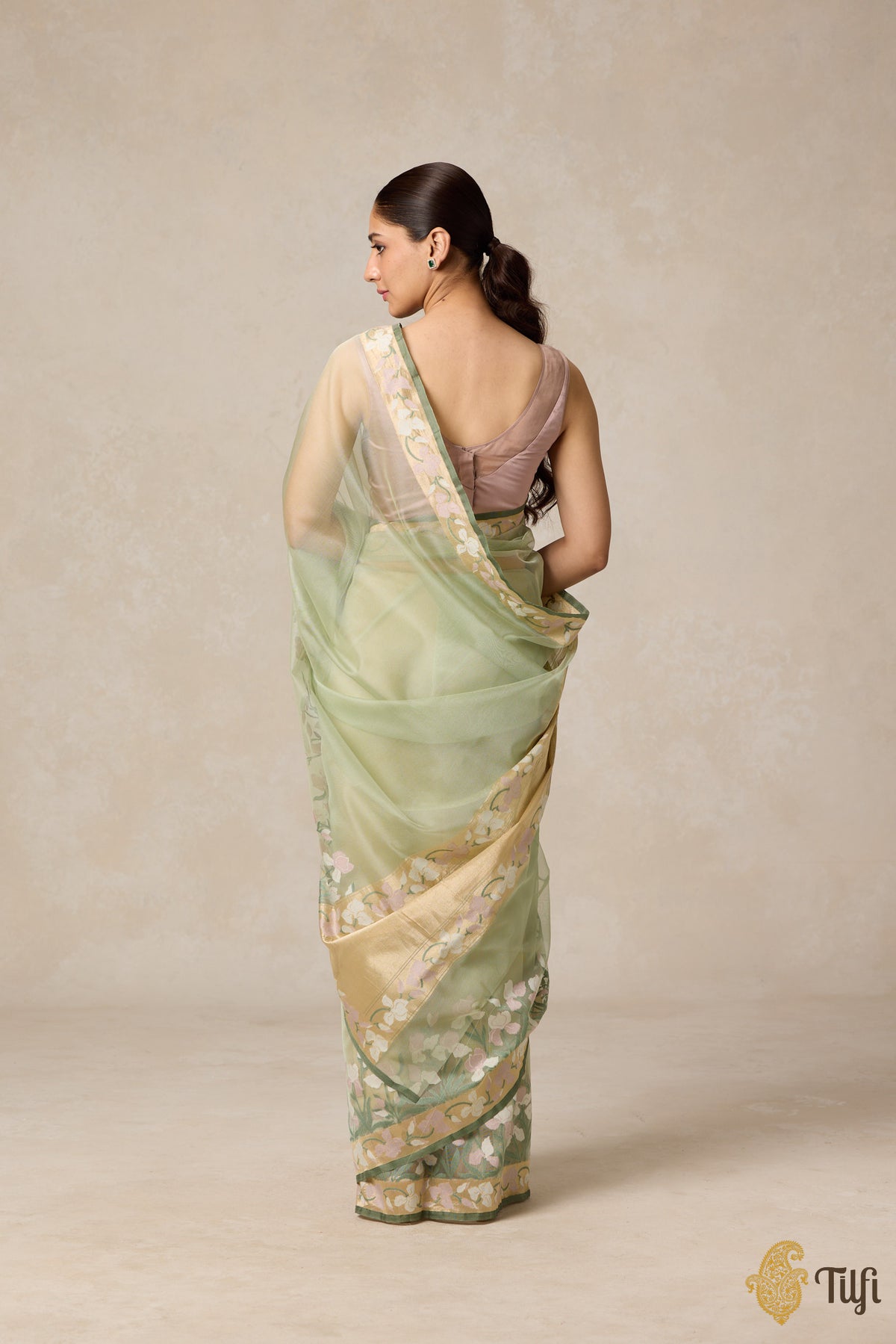 Pre-Order: &#39;A Sweep of Irises&#39; Sage Green Pure Kora Silk Net Banarasi Handloom Saree