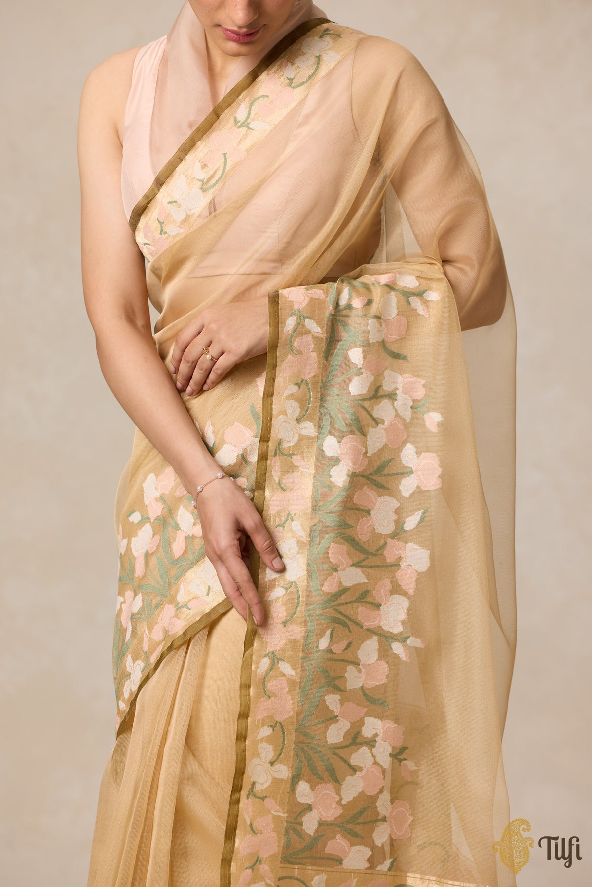 &#39;A Sweep of Irises&#39; Beige Pure Kora Silk Net Banarasi Handloom Saree