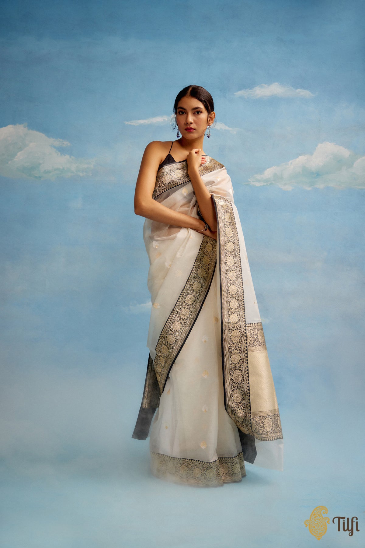 Pre-Order: &#39;Ashada&#39; Off-White-Black Pure Kora Silk Banarasi Handloom Saree