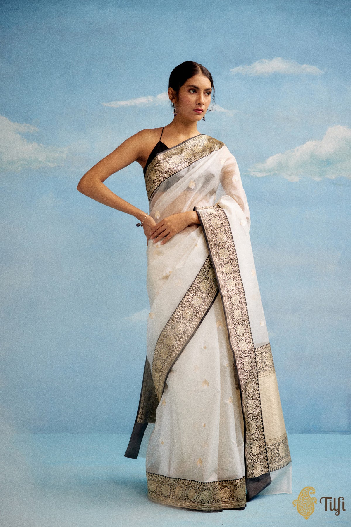 Pre-Order: &#39;Ashada&#39; Off-White-Black Pure Kora Silk Banarasi Handloom Saree