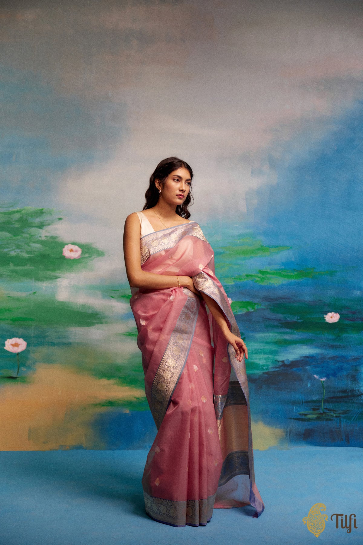 Pre-Order:&#39;Ashada&#39; Pink-Blue Pure Kora Silk Banarasi Handloom Saree
