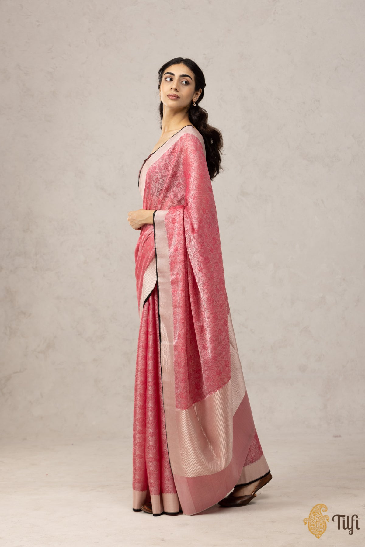 &#39;Rekha&#39; Pink Pure Kora by Cotton Satin Banarasi Handloom Saree