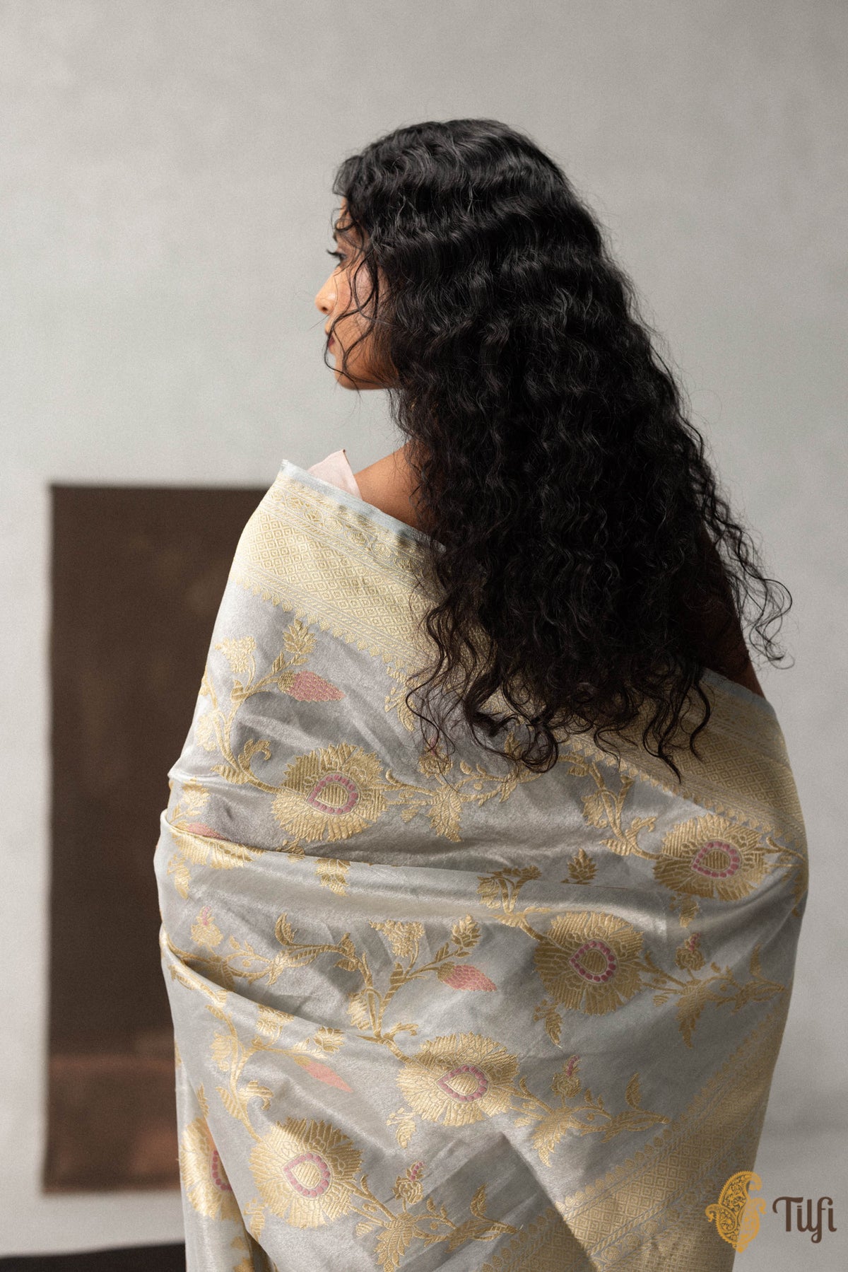 Grey Pure Katan Silk Tissue Banarasi Handloom Saree