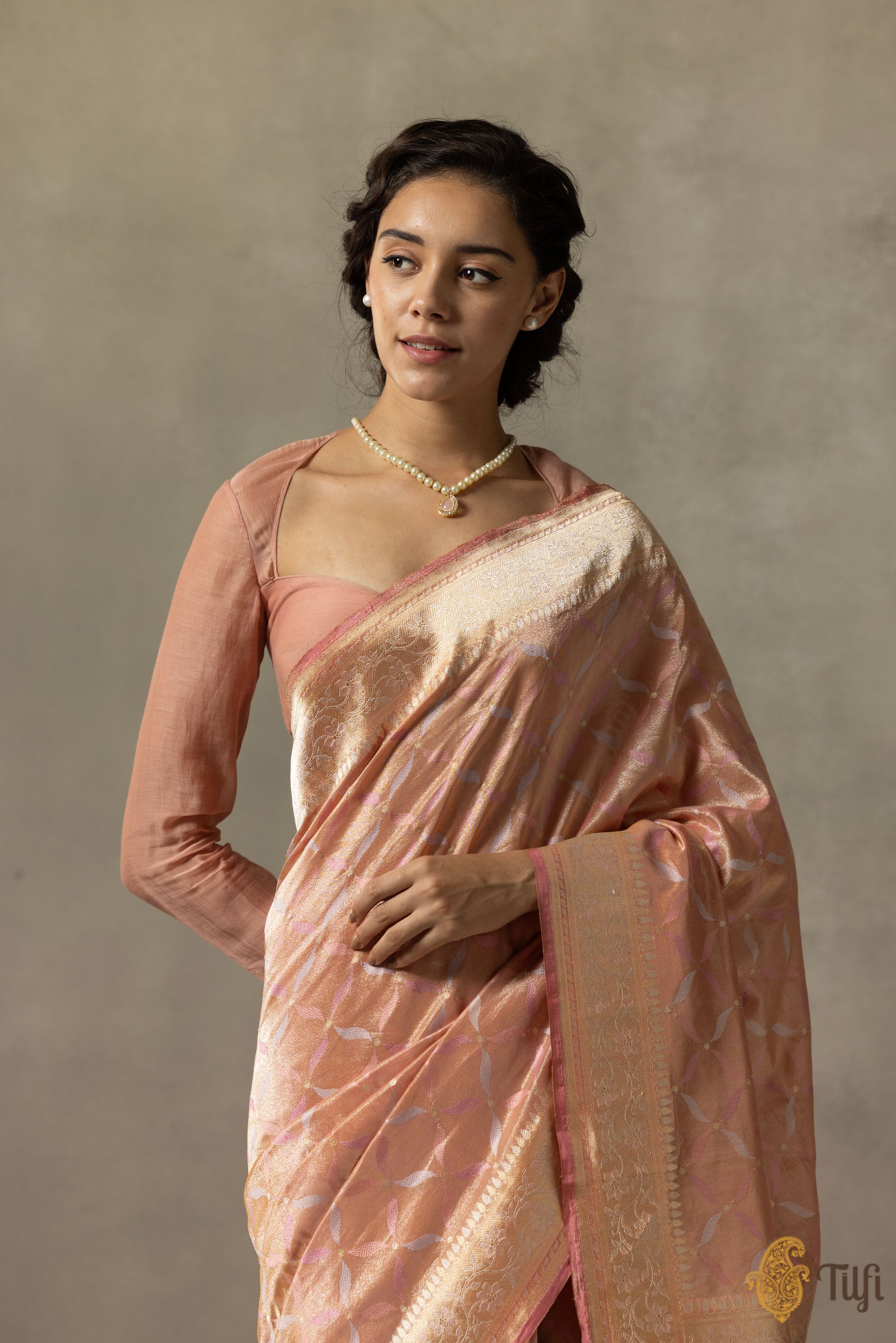 Peach Gold Banarasi Tissue Saree with Gota Patti, Zardosi & Bead Work on Pallu main image 1