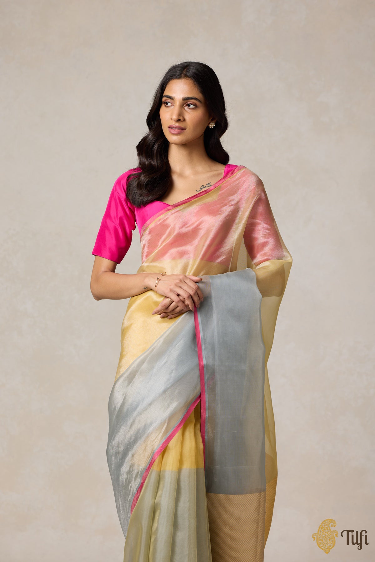 Yellow-Grey Pure Kora Silk Tissue Banarasi Handloom Saree