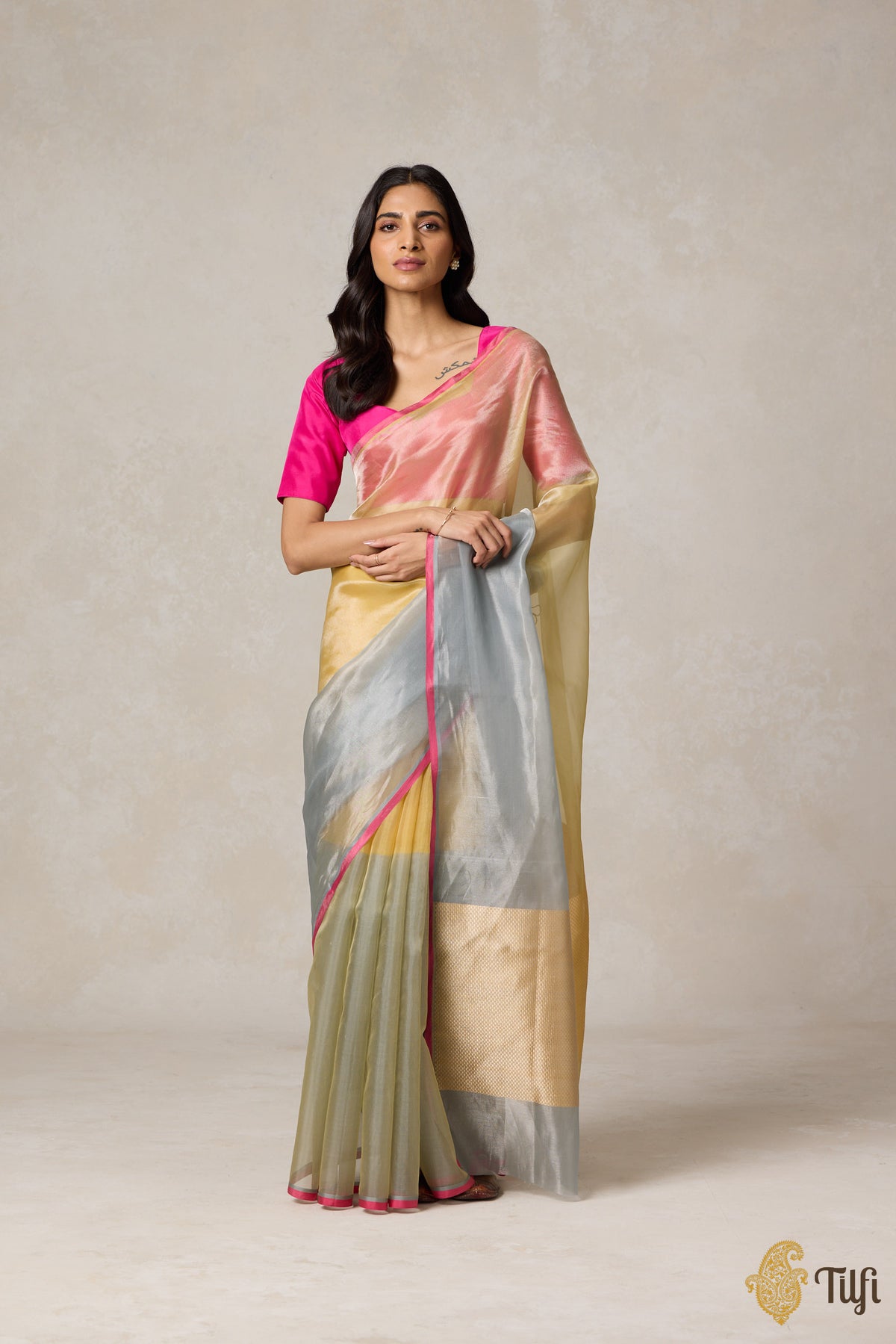 Yellow-Grey Pure Kora Silk Tissue Banarasi Handloom Saree