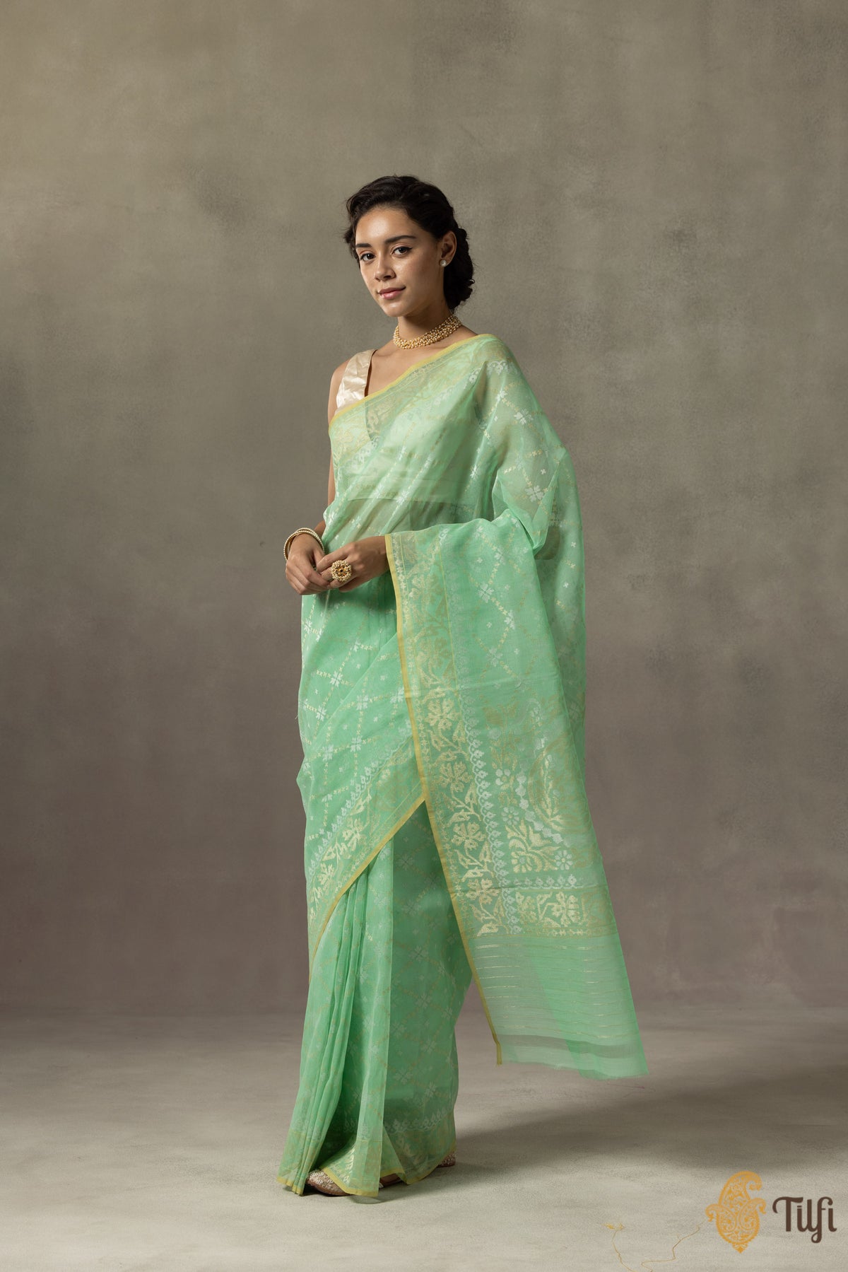 Turquoise Green Pure Cotton Jamdani Real Zari Banarasi Handloom Saree