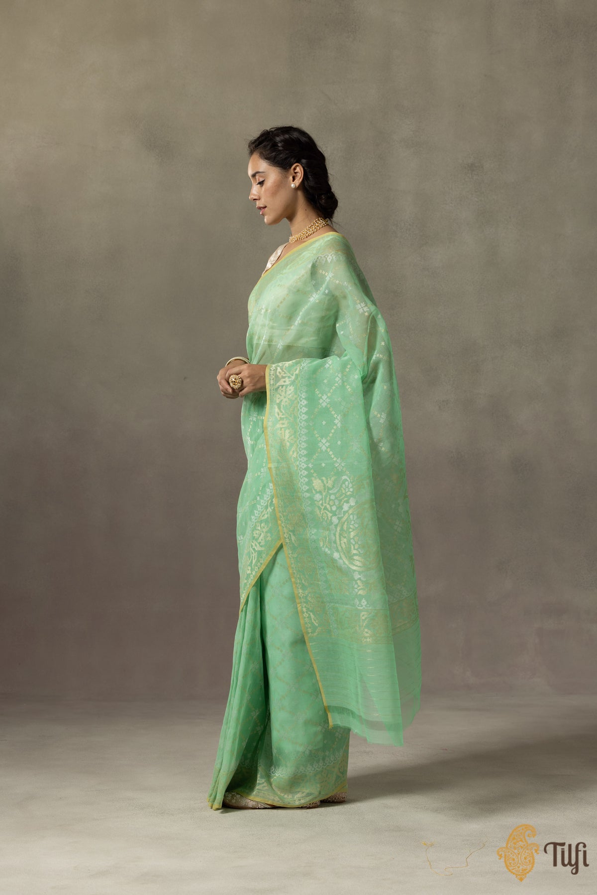 Turquoise Green Pure Cotton Jamdani Real Zari Banarasi Handloom Saree