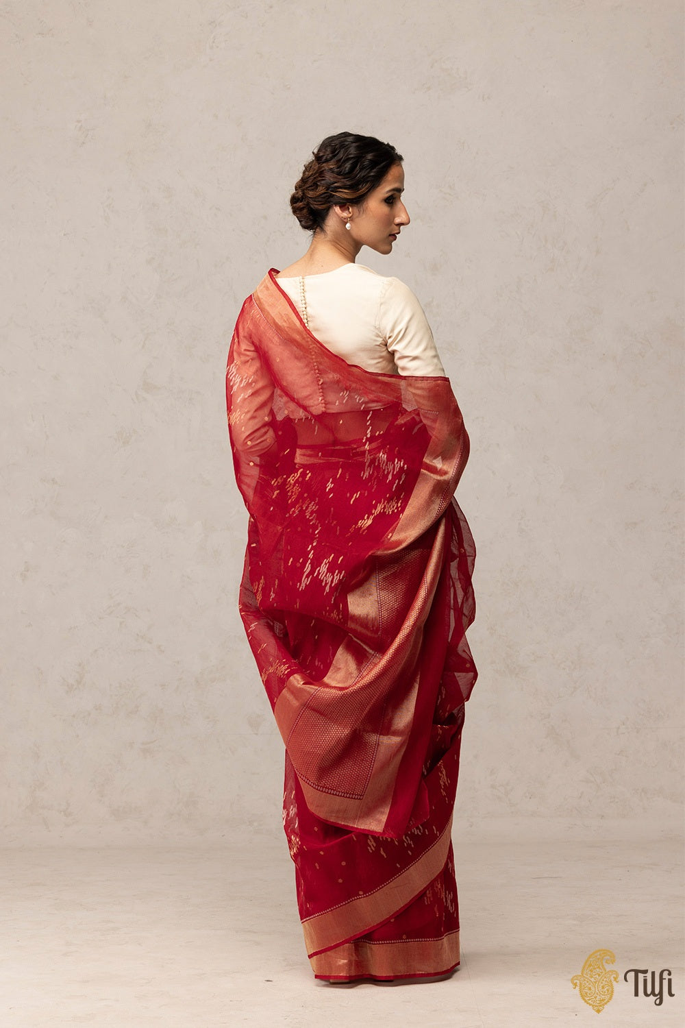 &#39;Ganga&#39; Rust Red Pure Cotton Banarasi Jamdani Real Zari Handloom Saree